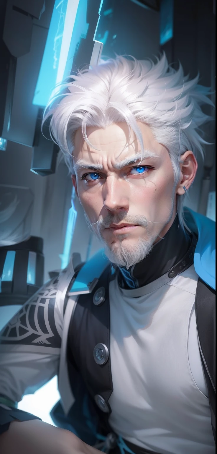 Anime baby with white hair and blue eyes, tall anime guy with blue eyes,, 2 d anime style, spear, he has dark grey hairs, zerochan art, white haired, face chenge normal, Anime realistic style