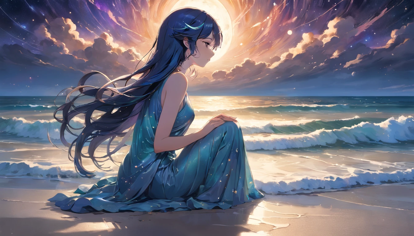 A mesmerizing scene unfolds as the night sky blankets the sandy shores, casting its ethereal glow upon the tranquil beach. In the midst of this enchanting landscape, a woman sits in deep contemplation, her body delicately poised in a serene meditative pose. The twinkling array of stars above paints a mesmerizing tapestry of colors, blending hues of midnight blue, celestial purple, and vibrant teal. The interplay of these celestial shades creates an otherworldly atmosphere, lending an air of fantasy to the scene.
The woman's silhouette is outlined against the celestial backdrop, her form emanating a sense of serenity and inner peace. She wears flowing garments, their vivid shades mirroring the hues of the night sky. Swirls of ethereal fabrics flutter gently in the seaside breeze, adding a touch of movement and delicacy to the composition.
Her eyes closed, the woman's expression carries a sense of bliss, as if she has transcended the earthly realm and tapped into a deeper realm of consciousness. The soft light of a crescent moon illuminates her face, highlighting the contours of her features. Specks of stardust seem to dance around her, lending a magical aura to the scene.
The beach itself is a mystical fusion of reality and dreams. The sand glows with an otherworldly luminescence, its shades shifting between silver and gold. Gentle waves caress the shoreline, their frothy crests resembling brushstrokes on a mesmerizing canvas.
This captivating tableau is like a marriage of a romantic painting and a surreal photograph, seamlessly blending elements of classic art styles with the vivid clarity of a realistic image. The ethereal quality of the stars and the woman's presence transports the viewer to a realm where dreams and reality merge, where the mystical and the mundane intertwine in a harmonious symphony of color and form.