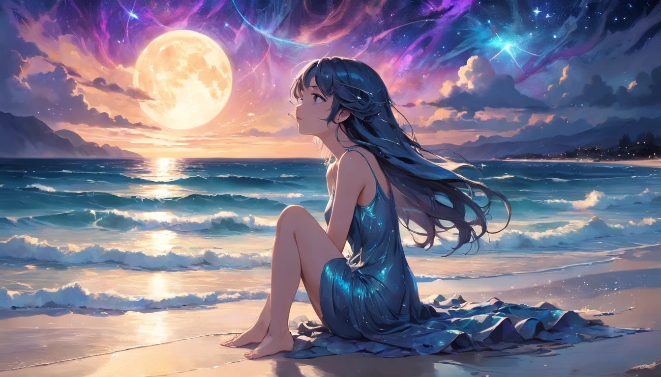 A breathtaking scene unfolds as the moonlight casts a luminous glow on a deserted beach, painting the sky with a tapestry of twinkling stars. At the center of this ethereal moment, A young woman with long hair cascades sits in deep meditation. Its tranquil presence evokes a sense of inner peace and serenity amidst the vastness of the empty coast.
The girl's silhouette stands out against the backdrop of darkness, his serene expression bathed in soft moonlight. Long tentacles of hair cascade down the back, intertwined with the gentle sea breeze that caresses his face. Your closed eyes indicate a deep connection to the universe, as if his own thoughts harmonized with the whispers of the ocean waves.