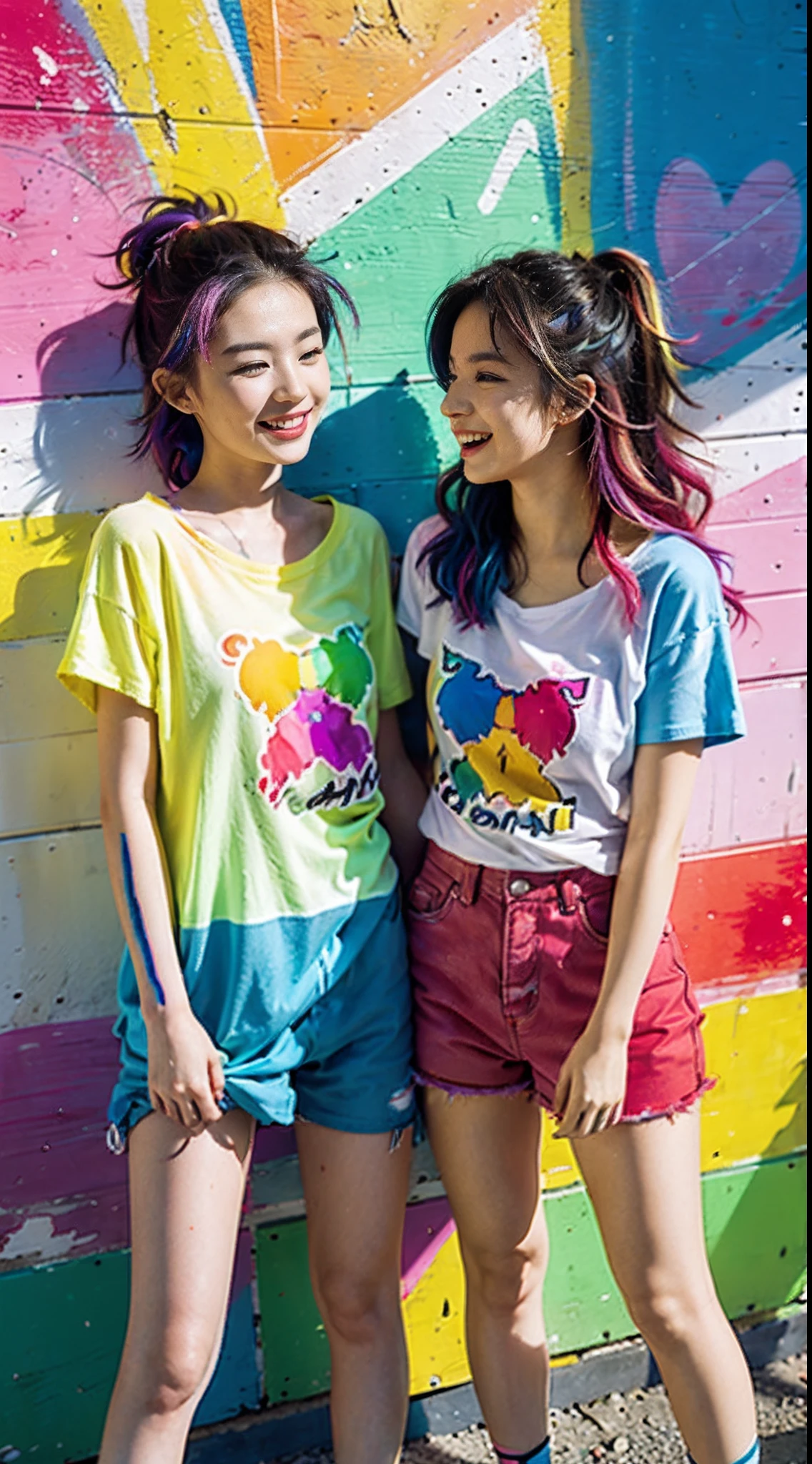Colorful hair leaning against the wall, vivid vivid colors, multicolored clothing, Cut tattered T-shirts, vibrant color details, Vibrant and dynamic, bright vibrant colors, multicolored clothing, Intense and vivid colors, vivid vivid colors, Vivid and vibrant colors, vibrant tones, colorful outfit, colorful fashion, vivd colour, vivid and vibrant,Two laughing girls