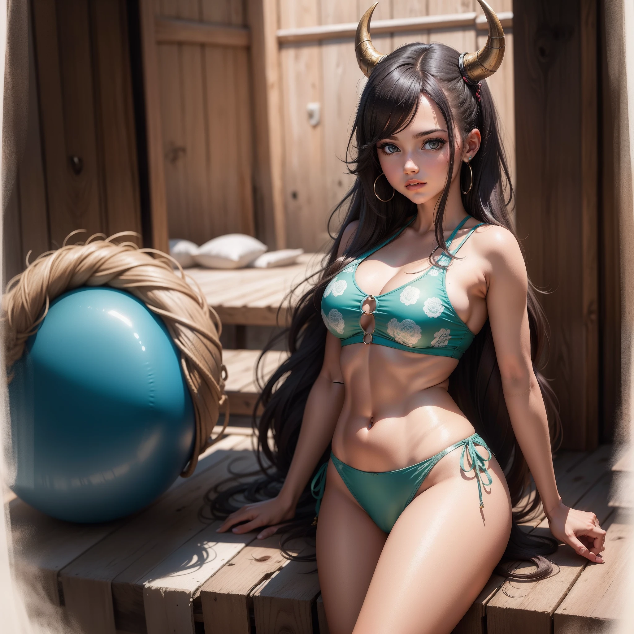 Young girl of 25 years of age, vikinga, cabello color turqueza, cuerpo completo