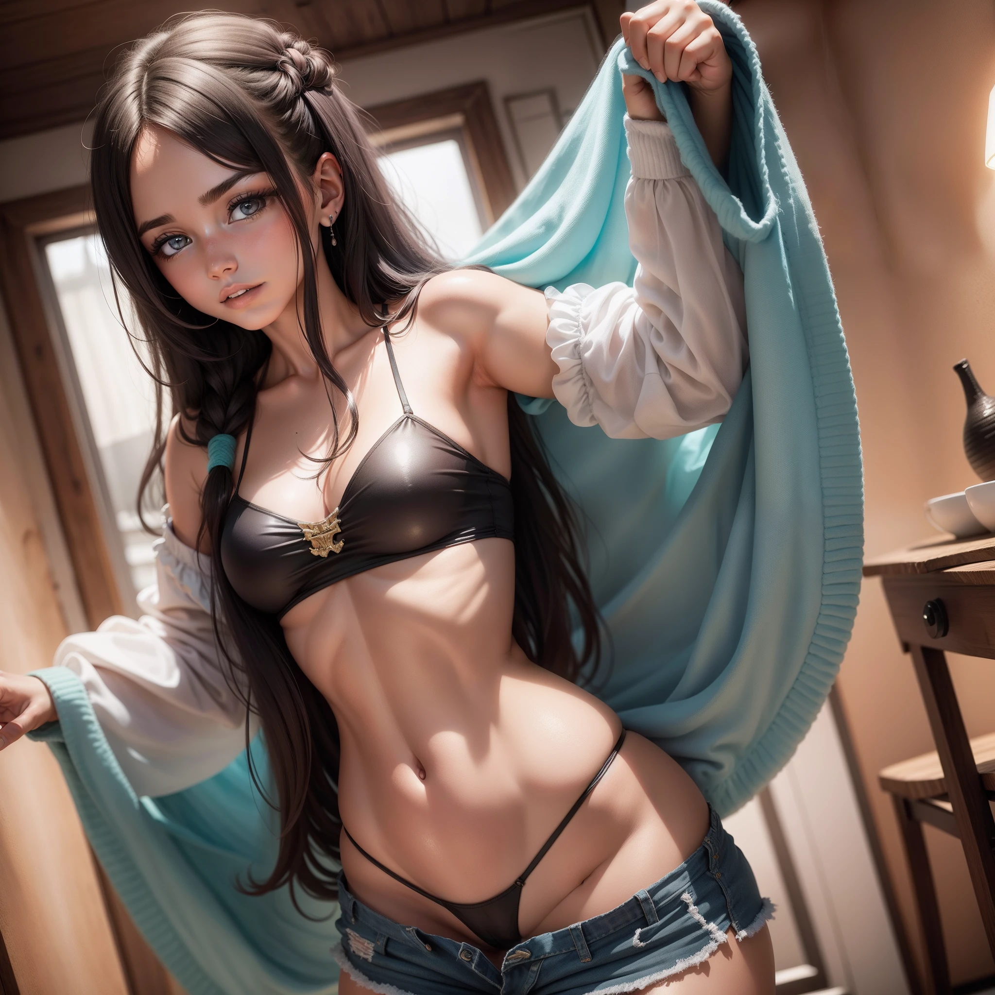 Young girl of 25 years of age, vikinga, cabello color turqueza, cuerpo completo