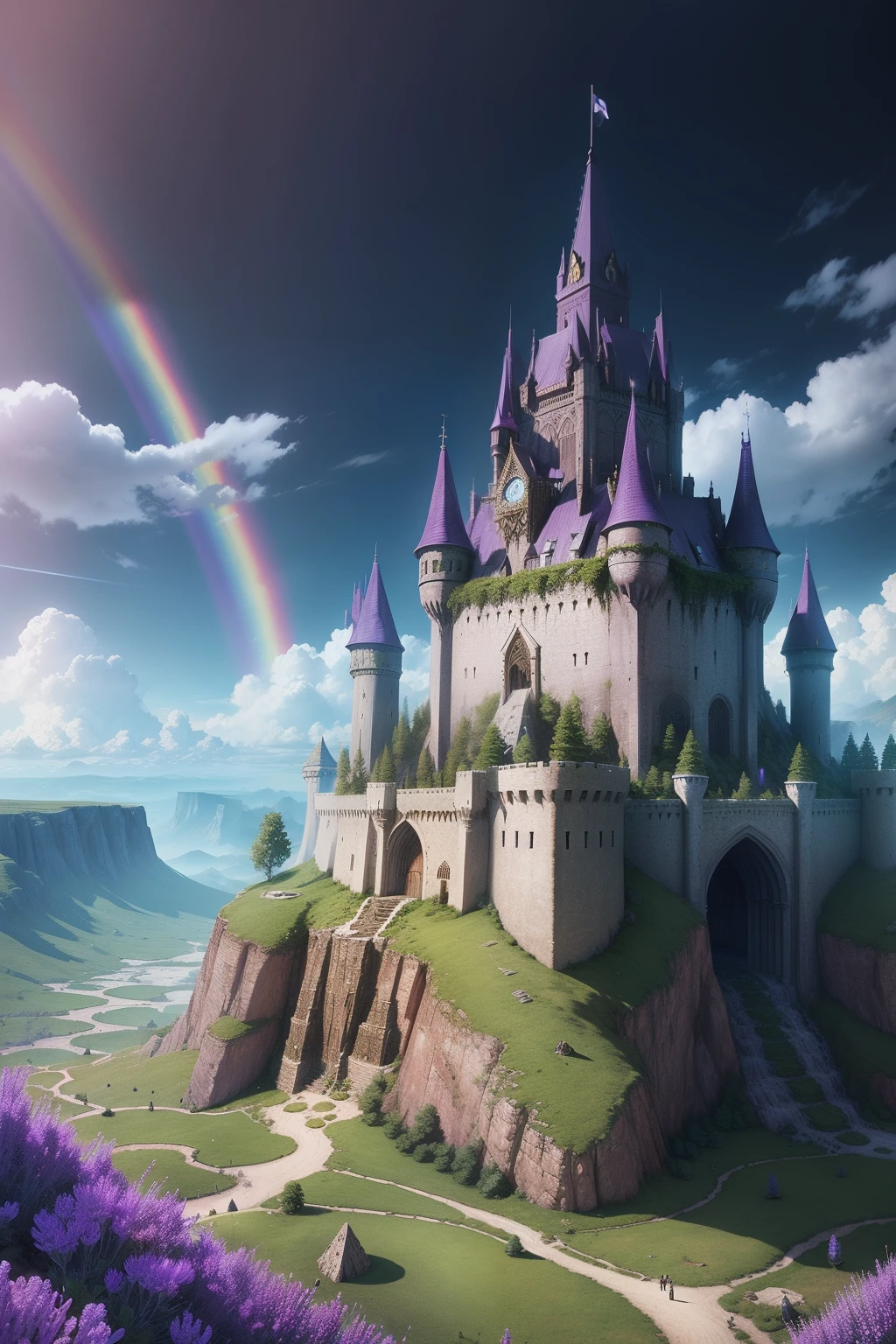 High fantasy image of rainbow lavender fortress