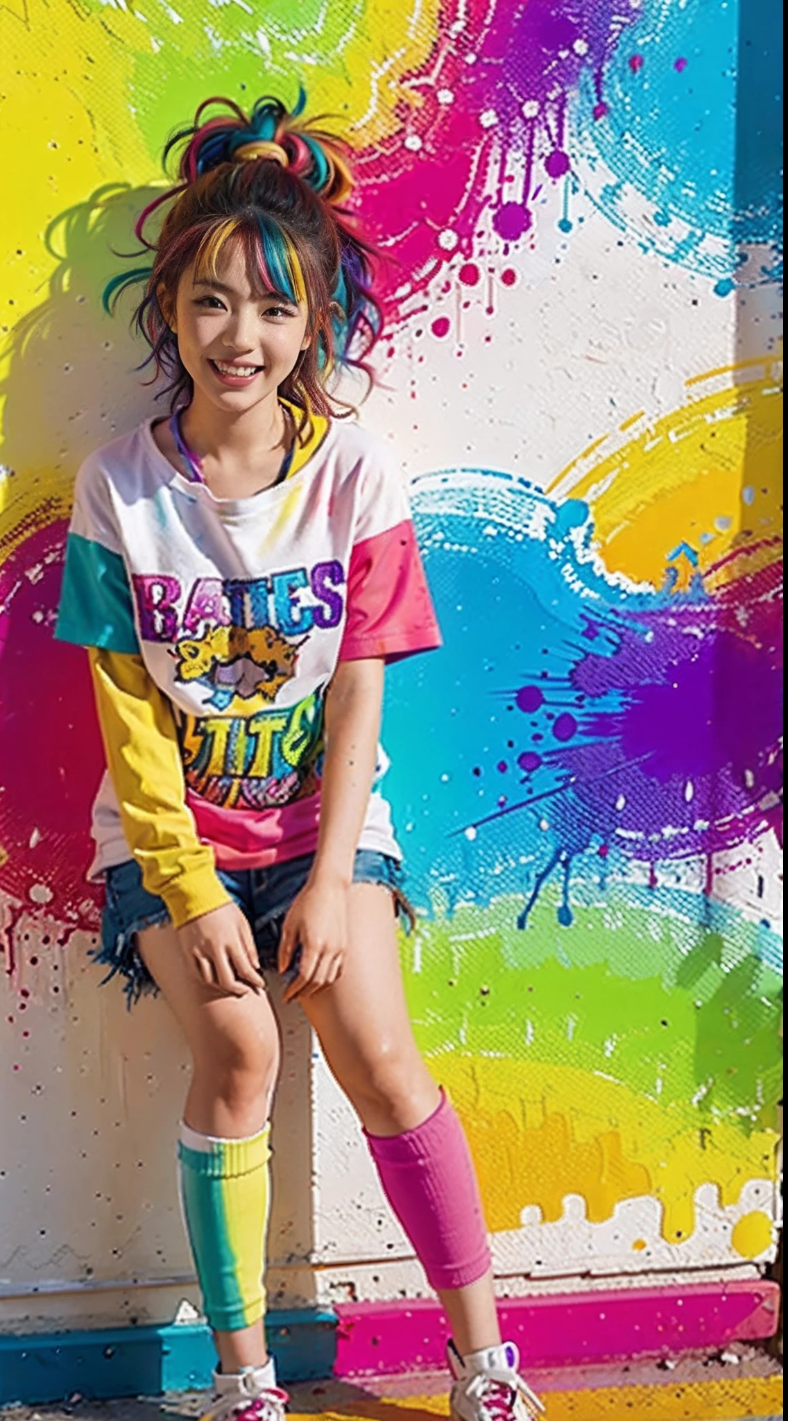 Colorful hair leaning against the wall, vivid vivid colors, multicolored clothing, Cut tattered T-shirts, vibrant color details, Vibrant and dynamic, bright vibrant colors, multicolored clothing, Intense and vivid colors, vivid vivid colors, Vivid and vibrant colors, vibrant tones, colorful outfit, colorful fashion, vivd colour, vivid and vibrant,Two laughing  girls