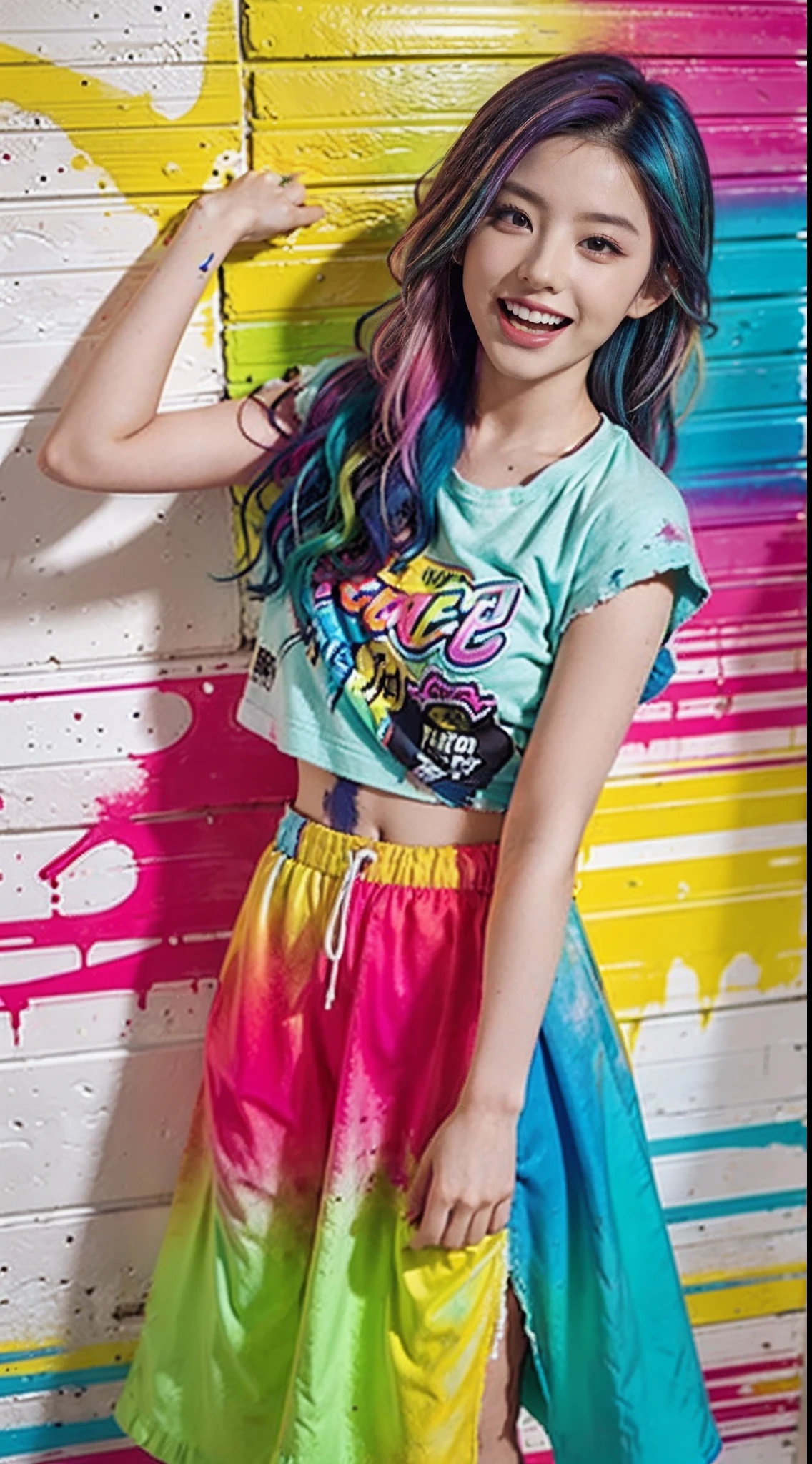 Colorful hair leaning against the wall, vivid vivid colors, multicolored clothing, Cut tattered T-shirts, vibrant color details, Vibrant and dynamic, bright vibrant colors, multicolored clothing, Intense and vivid colors, vivid vivid colors, Vivid and vibrant colors, vibrant tones, colorful outfit, colorful fashion, vivd colour, vivid and vibrant,Two laughing  girls