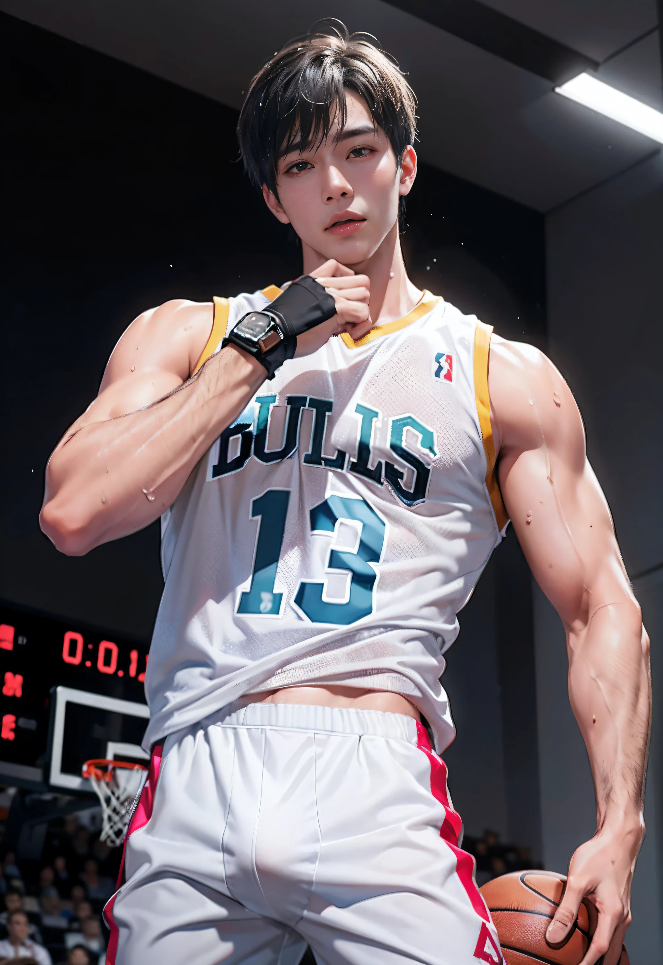 （10， raw photograph， Best qualtiy， master-piece：1.2）， （lifelike， photo-realistic：1.4）， illustration， high-res，hexagon，（1 Boy）， Black Hair，rich， rough skin;， （oval face：1.1）， Professional lighting， photons mapping， radiosity， Physical display， handsome， Sexy masculinity，Wear white trousers......，musculature，full ，Large bulge，Dunk on the basketball court, The shirt was so wet that I could see the muscles and see ., shorts and get wet with sweat until you see the muscles and .