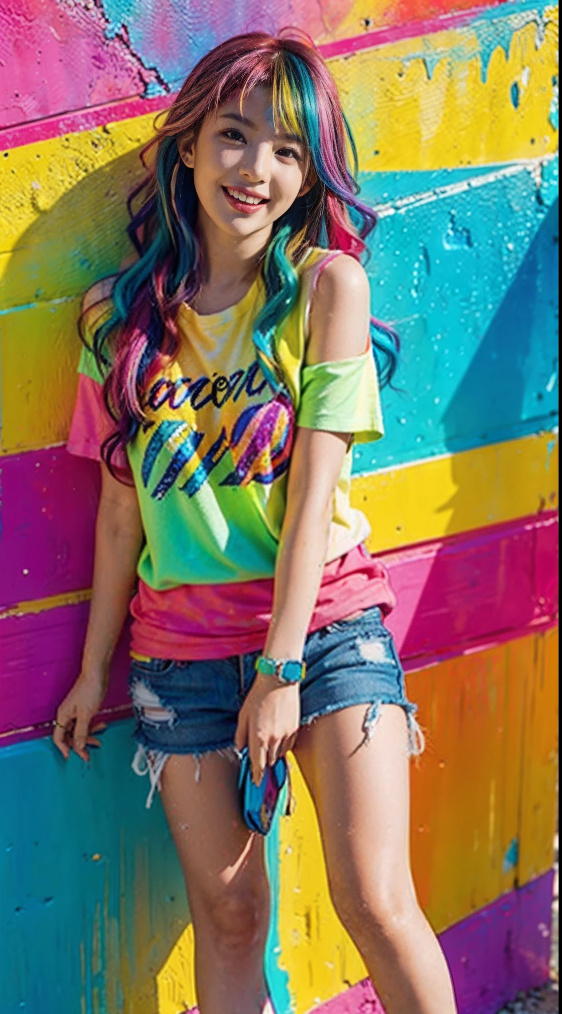 Colorful hair leaning against the wall, vivid vivid colors, multicolored clothing, Cut tattered T-shirts, vibrant color details, Vibrant and dynamic, bright vibrant colors, multicolored clothing, Intense and vivid colors, vivid vivid colors, Vivid and vibrant colors, vibrant tones, colorful outfit, colorful fashion, vivd colour, vivid and vibrant,Two laughing little girls