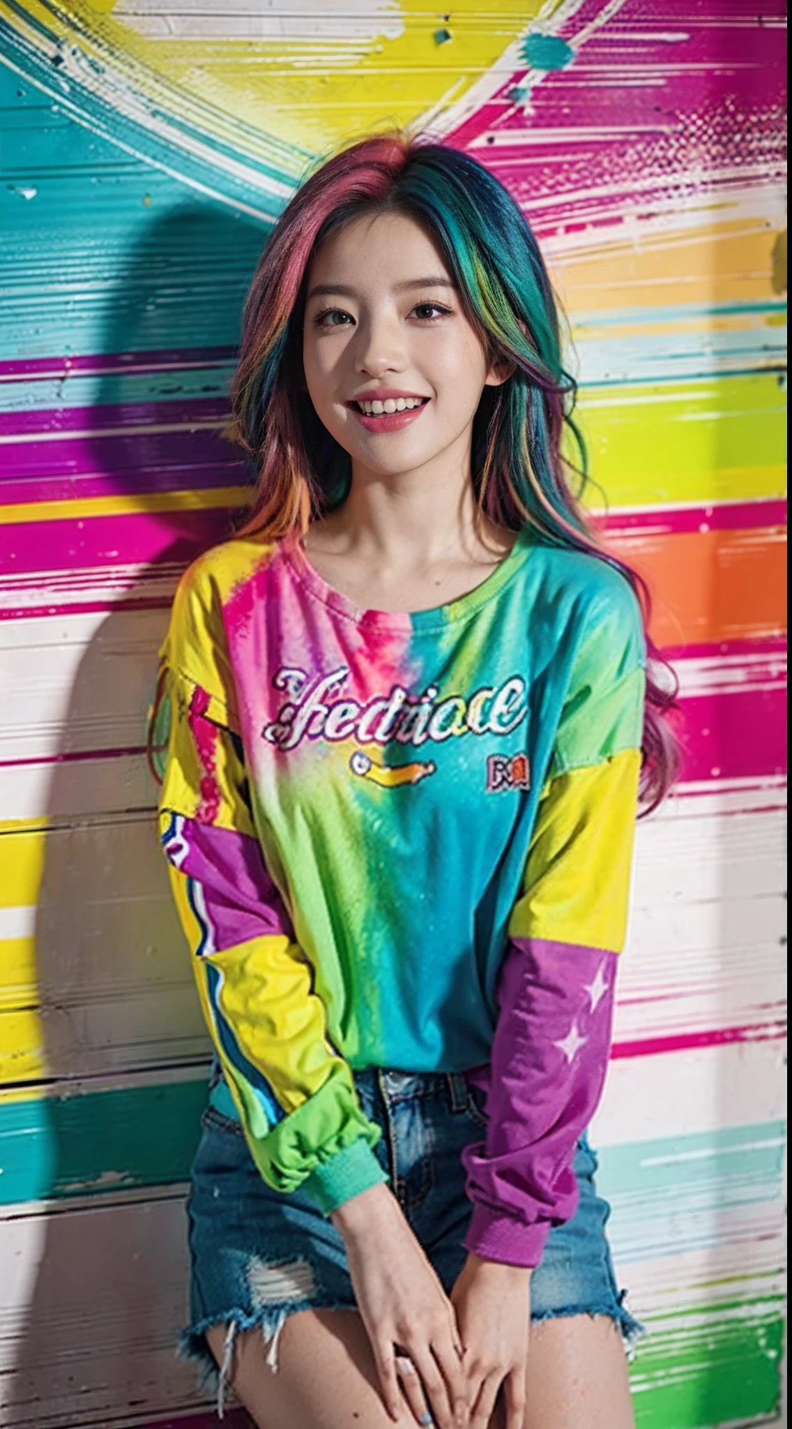 Colorful hair leaning against the wall, vivid vivid colors, multicolored clothing, Cut tattered T-shirts, vibrant color details, Vibrant and dynamic, bright vibrant colors, multicolored clothing, Intense and vivid colors, vivid vivid colors, Vivid and vibrant colors, vibrant tones, colorful outfit, colorful fashion, vivd colour, vivid and vibrant,Two laughing little girls