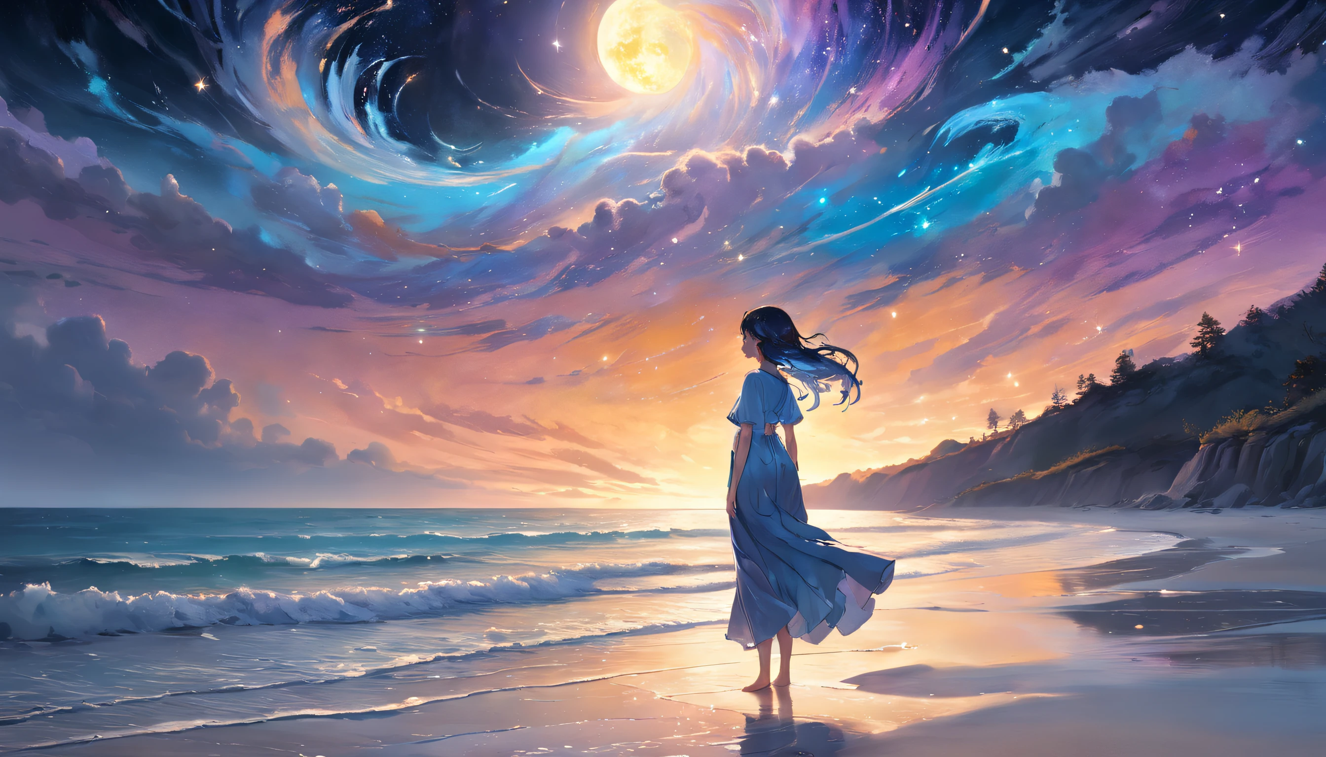 A mesmerizing scene unfolds as the night sky blankets the sandy shores, casting its ethereal glow upon the tranquil beach. In the midst of this enchanting landscape, a woman sits in deep contemplation, her body delicately poised in a serene meditative pose. The twinkling array of stars above paints a mesmerizing tapestry of colors, blending hues of midnight blue, celestial purple, and vibrant teal. The interplay of these celestial shades creates an otherworldly atmosphere, lending an air of fantasy to the scene.
The woman's silhouette is outlined against the celestial backdrop, her form emanating a sense of serenity and inner peace. She wears flowing garments, their vivid shades mirroring the hues of the night sky. Swirls of ethereal fabrics flutter gently in the seaside breeze, adding a touch of movement and delicacy to the composition.
Her eyes closed, the woman's expression carries a sense of bliss, as if she has transcended the earthly realm and tapped into a deeper realm of consciousness. The soft light of a crescent moon illuminates her face, highlighting the contours of her features. Specks of stardust seem to dance around her, lending a magical aura to the scene.
The beach itself is a mystical fusion of reality and dreams. The sand glows with an otherworldly luminescence, its shades shifting between silver and gold. Gentle waves caress the shoreline, their frothy crests resembling brushstrokes on a mesmerizing canvas.
This captivating tableau is like a marriage of a romantic painting and a surreal photograph, seamlessly blending elements of classic art styles with the vivid clarity of a realistic image. The ethereal quality of the stars and the woman's presence transports the viewer to a realm where dreams and reality merge, where the mystical and the mundane intertwine in a harmonious symphony of color and form.