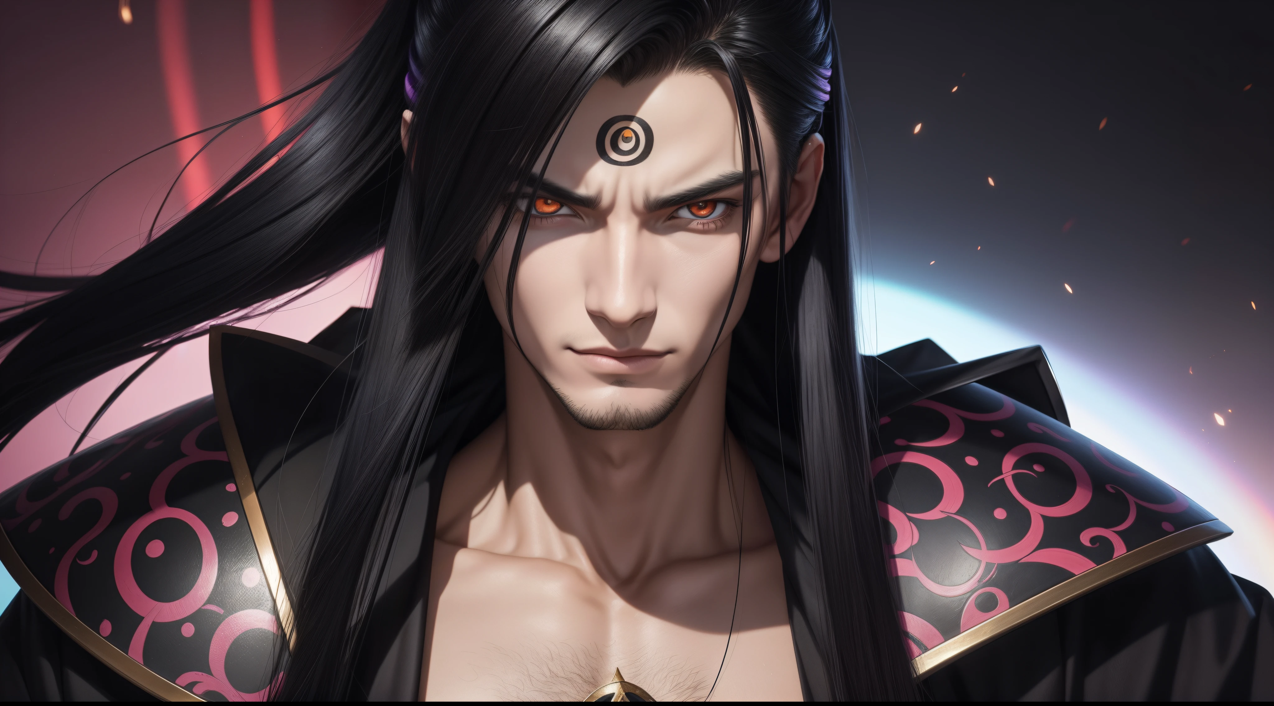 "Cheerful Orochimaru 20 years old is a real masterpiece with masculine beauty, perfect anatomy. Olpntng style, colorful rainbow, black samurai outfit, clean design, epic Instagram, artstation, full streaks of colored paint, circles, outlines. When you look at his beautiful eyes, you will clearly see every little detail and perfect line, every detail on the skin is beautiful in 8K quality, people We will be captivated by the confidence radiating from every look. His head has black hair and his face is drawn meticulously in every detail with 8K image quality.''
