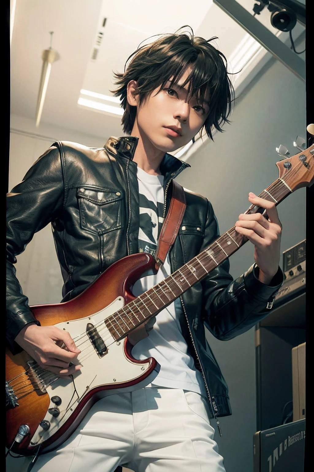 Alafed Man in leather jacket playing guitar in room, hiro, bassist, makoto yukimura, fukaya yuichiro, yuya nagai, ((Tatsuro Yamashita)), inspired by Yamagata Hiro, guitarrist, tomohiro shimoguchi, kazuma kaneko, kousuke oono, Kazuto Okada。