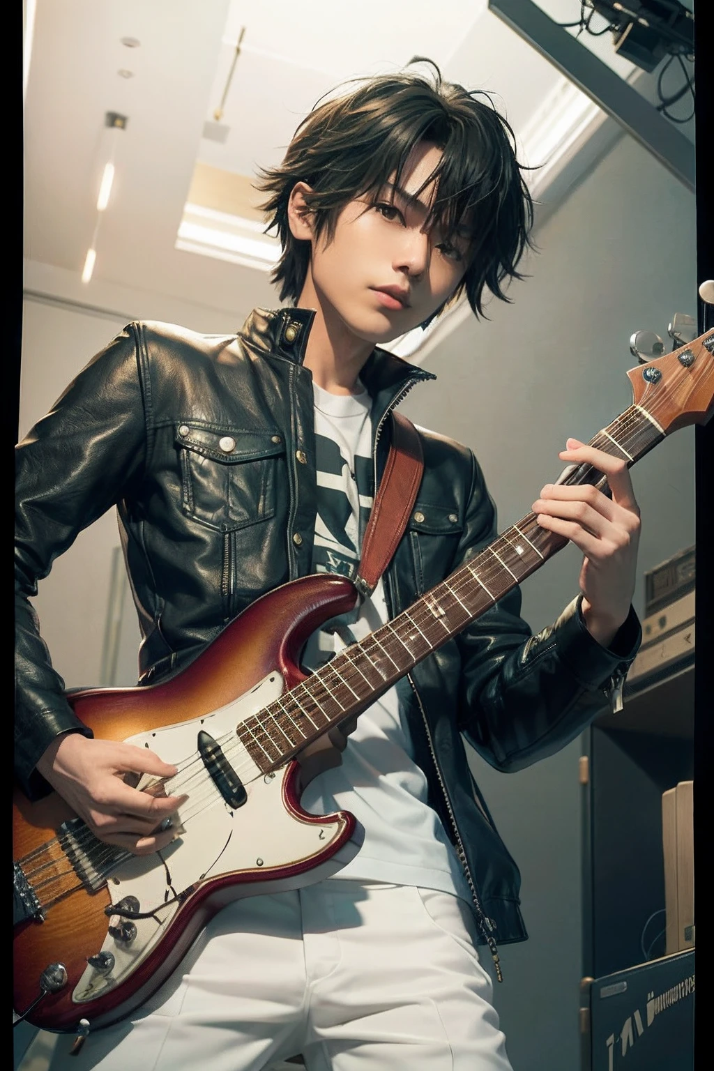 Alafed Man in leather jacket playing guitar in room, hiro, bassist, makoto yukimura, fukaya yuichiro, yuya nagai, ((Tatsuro Yamashita)), inspired by Yamagata Hiro, guitarrist, tomohiro shimoguchi, kazuma kaneko, kousuke oono, Kazuto Okada。