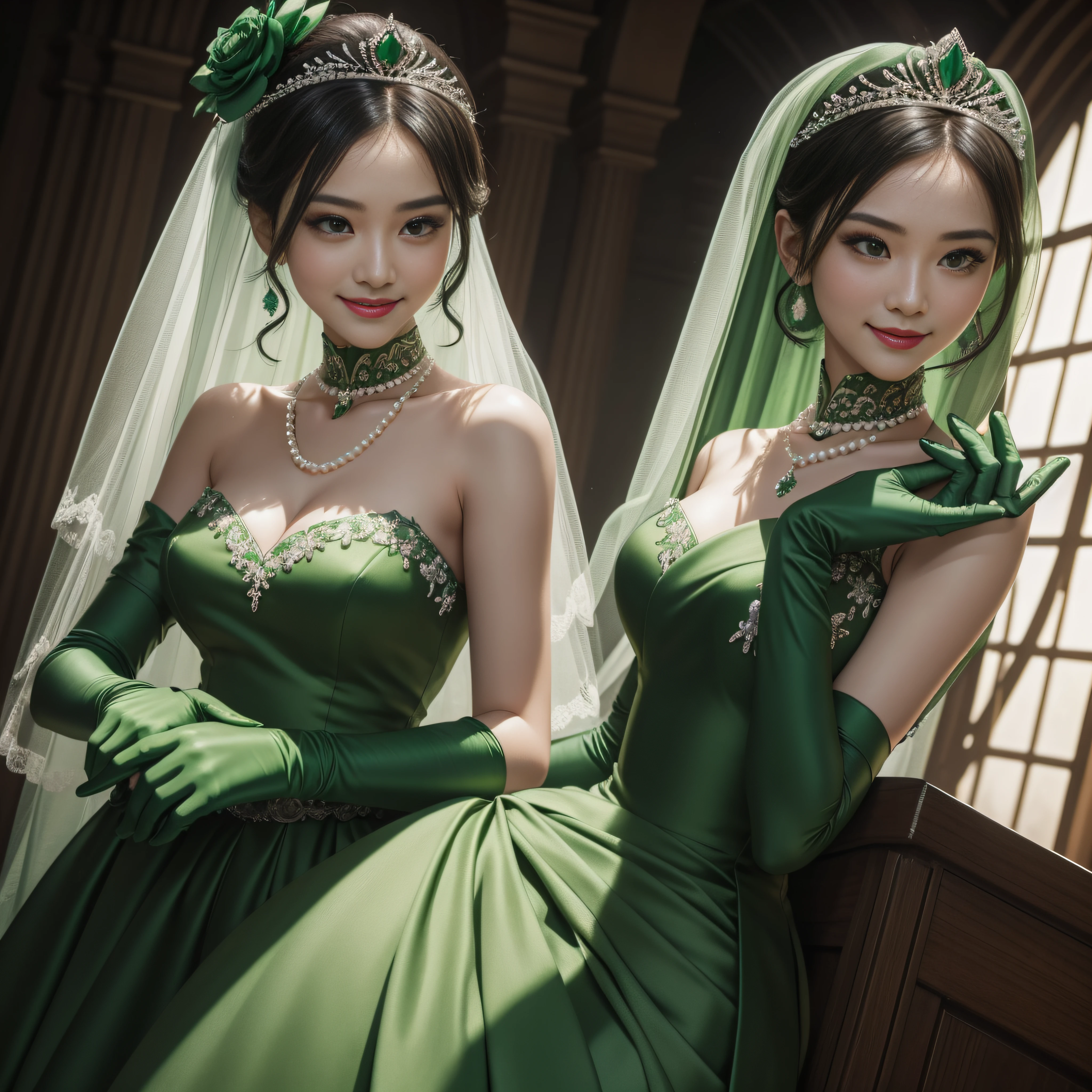 bride,Sense of atmosphere, best qualtiy,tmasterpiece,1girll,30-years old,Green dress,chies,full body Esbian, Green gloves,very short green hair,Pearl Necklace, Pearl Choker, big breasts beautiful,looking at viewert,ssmile,Green Bridal Veil,Green Long Grove,Satin green long gloves, lipsticks, Green Pearl Necklace, masculine short green hair, emerald tiara, Pearl Necklace, green vale, Daytime garden, lesbian