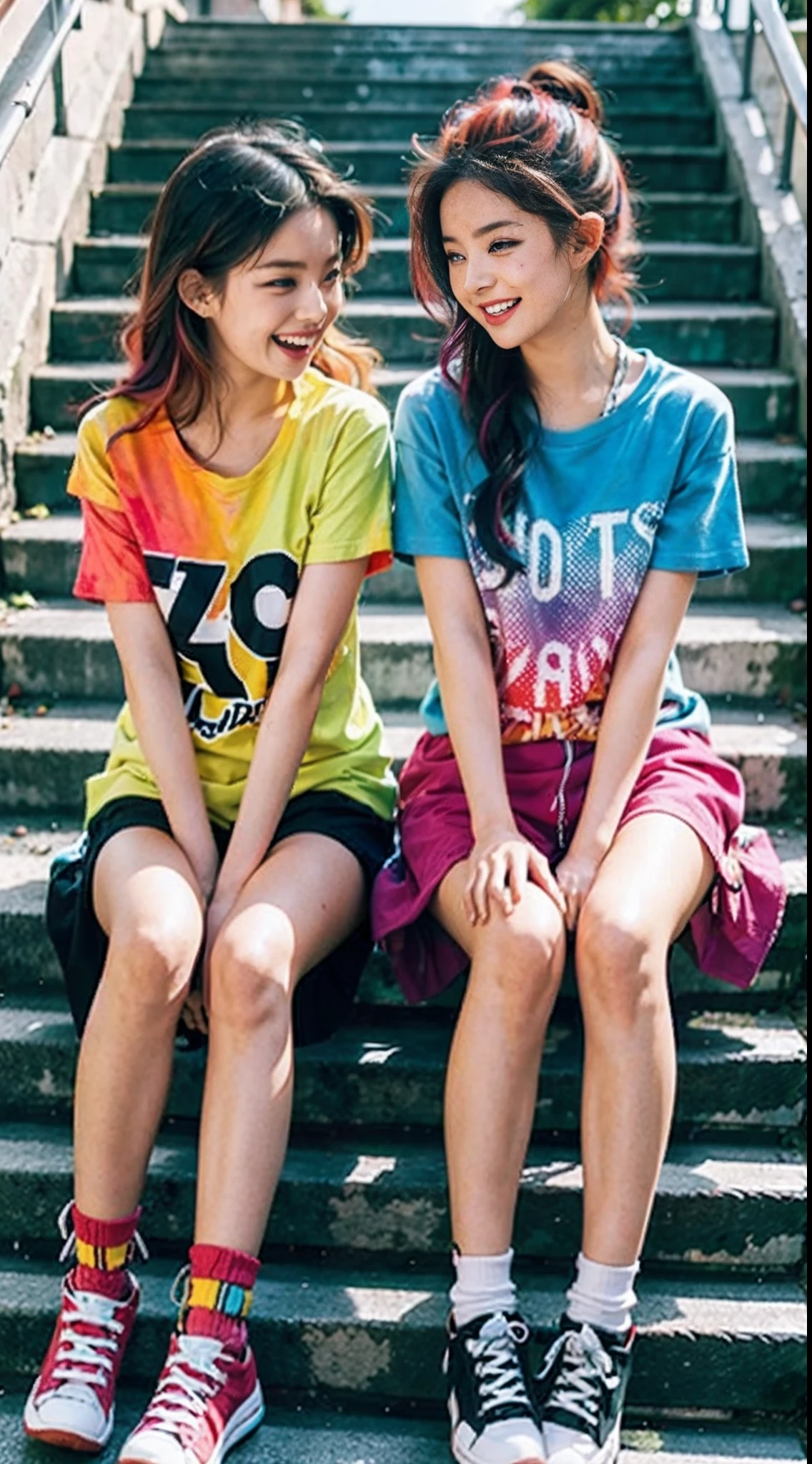 Sitting on the villa stairs,colorfulhair, vivid vivid colors, multicolored clothing, Cut tattered T-shirts, vibrant color details, Vibrant and dynamic, bright vibrant colors, multicolored clothing, Intense and vivid colors, vivid vivid colors, Vivid and vibrant colors, vibrant tones, colorful outfit, colorful fashion, vivd colour, vivid and vibrant,Two laughing girls