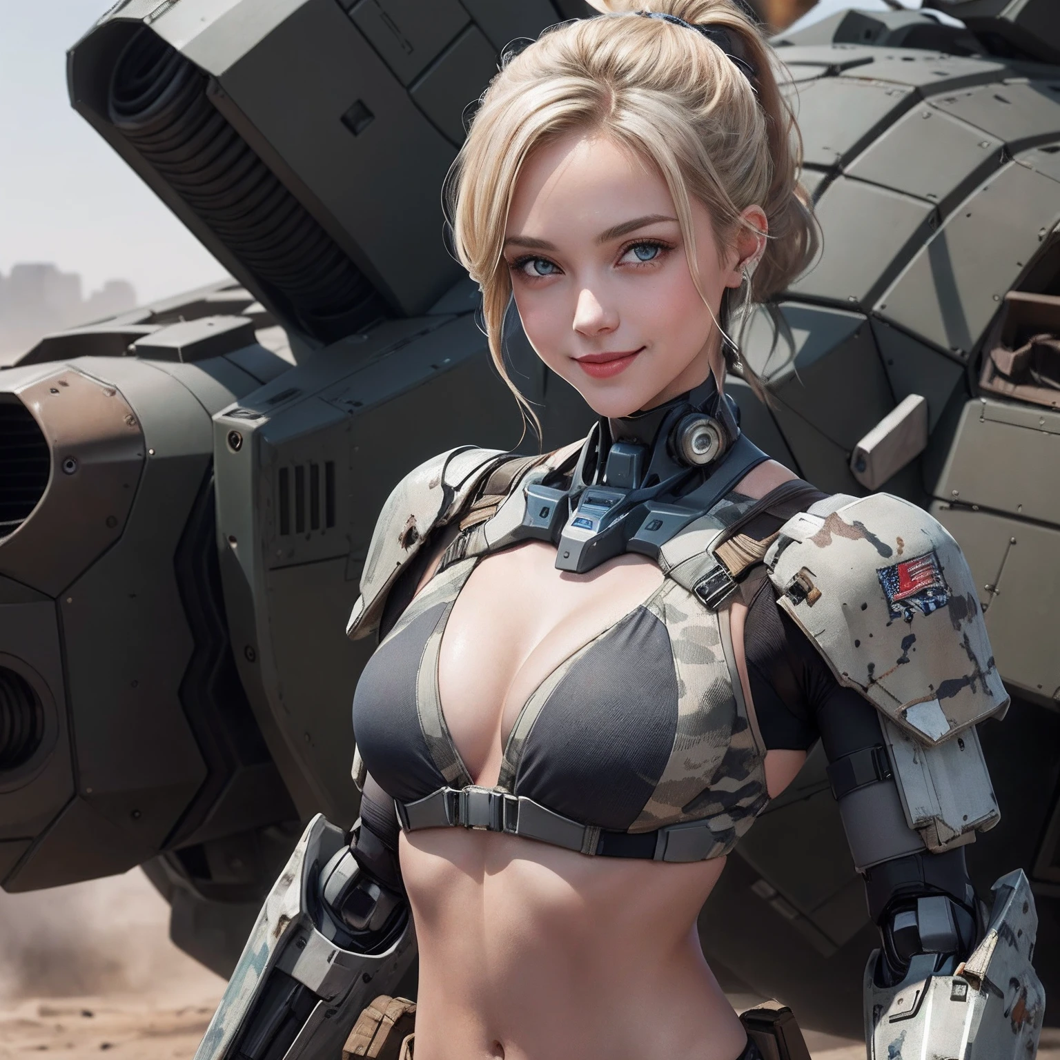 Dieselpunk AI armored fighter mech and Portrait of American shot, very beautiful woman, blonde, with a ponytail, light gray eyes, sweet face, looks at the camera mischievously, incipient smile, small chest, dressed in a camouflaged bikini and miniskirt in earth and brown tones.