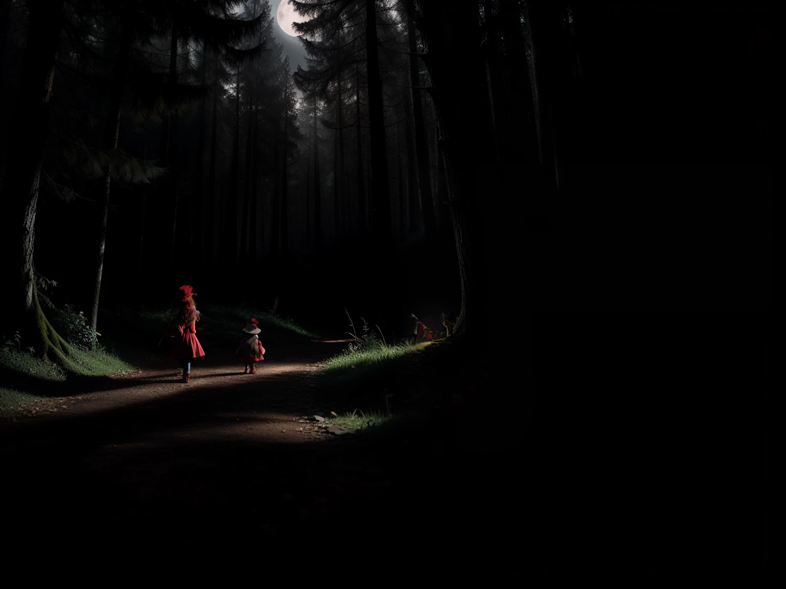 Little Red Hat and the Big Bad Wolf, personagens macabros, enquadramento aberto