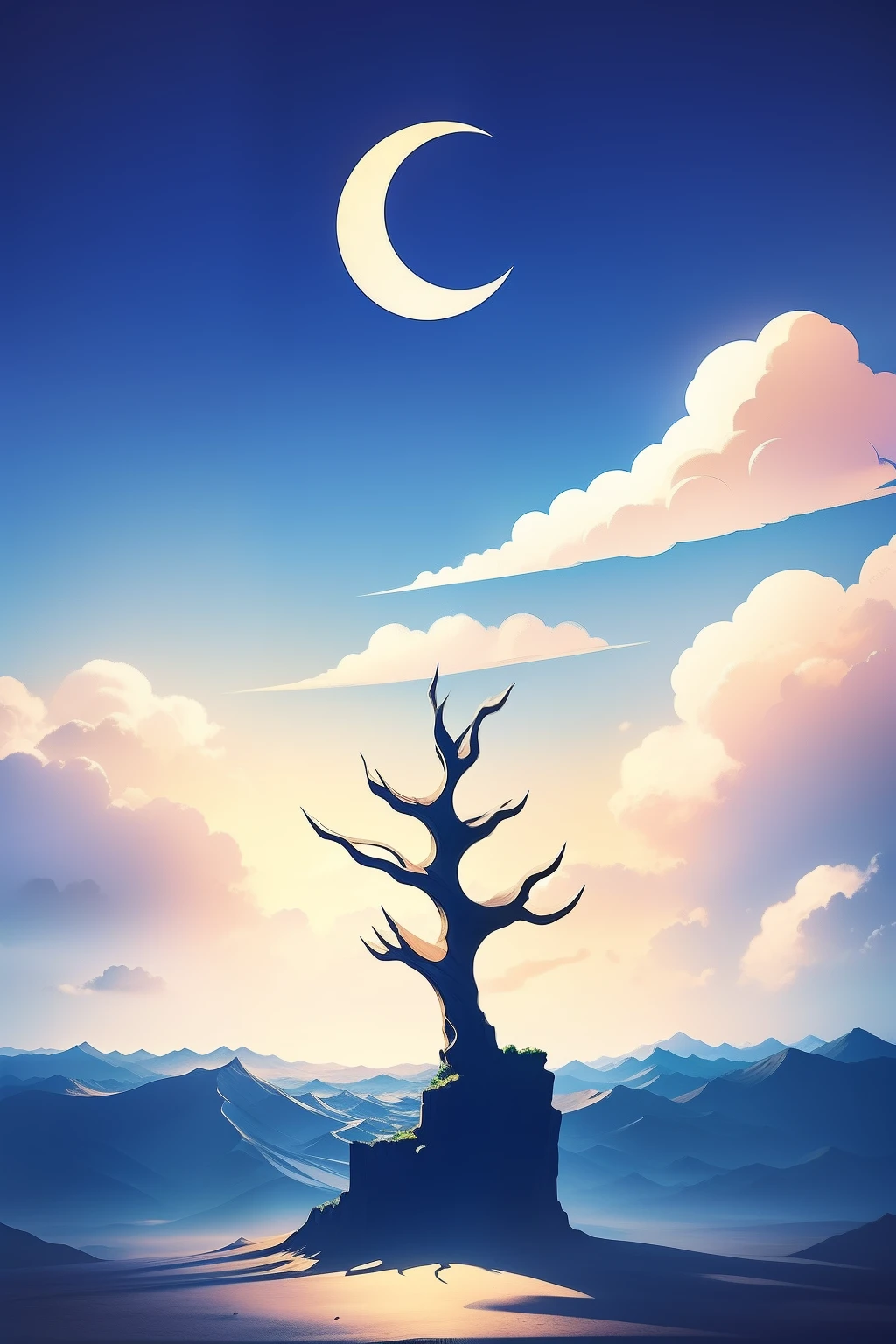 Solitude, Cards, Clouds in the sky, pictogram, hill, tree, Moon, pictogram, floating islands, Artistically