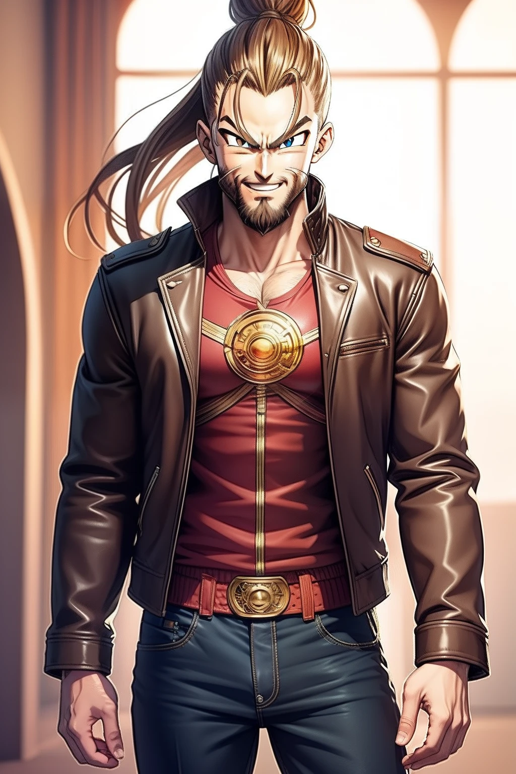 Dragon Ball style,The middle finger pointed to his head,Brown eyes,Long beard, Long hair, topknot, Smiling, Leather jacket, Capsule company logo on jacket