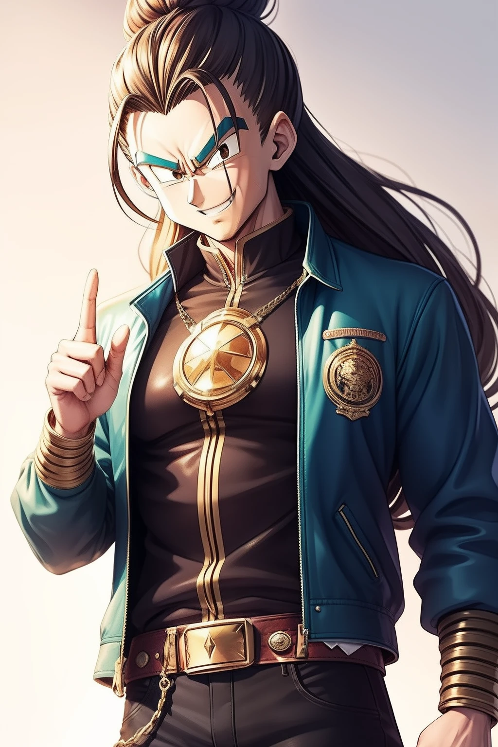 Dragon Ball style,The middle finger pointed to his head,Brown eyes,Long beard, Long hair, topknot, Smiling, Leather jacket, Capsule company logo on jacket