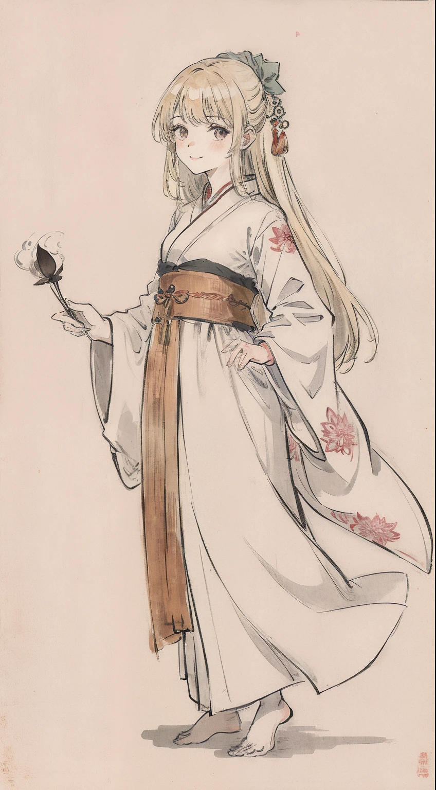 ((4k,masterpiece,best quality)), shuimobysim, traditional chinese ink painting, lotus, hanfu, maxiskit, dress conservatively in a Japanese style robe, 1girl, solo, long blonde hair, smile, standing, barefoot,