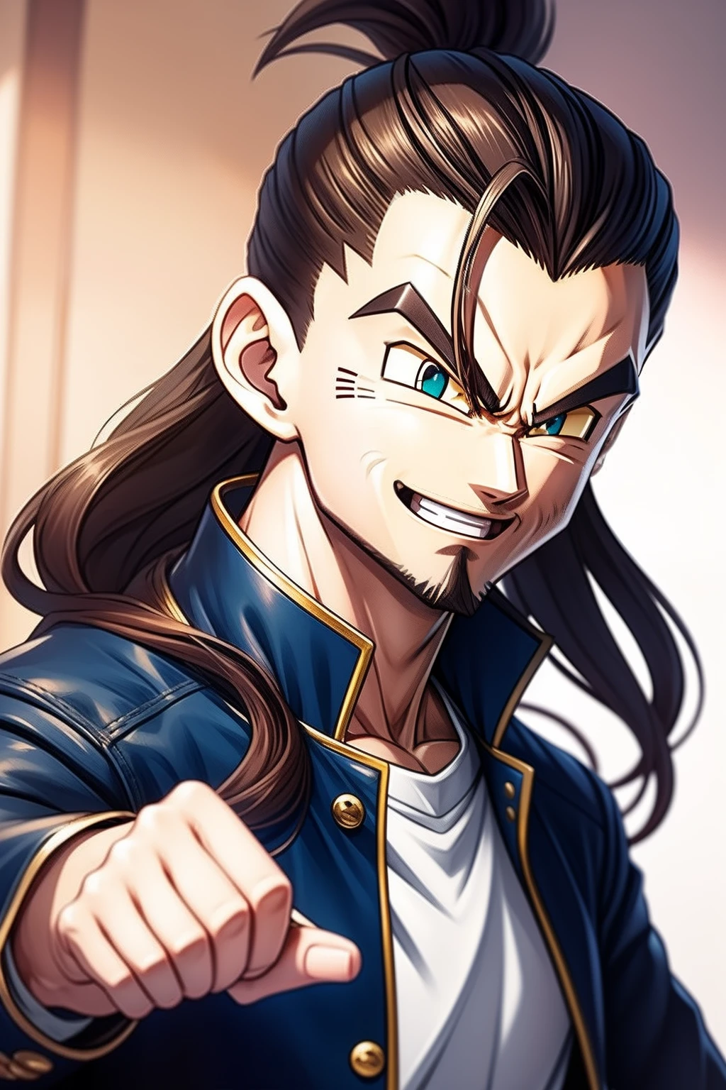 Dragon Ball style,The middle finger pointed to his head,Brown eyes,Long beard, Long hair, topknot, Smiling, Leather jacket, Capsule company logo on jacket