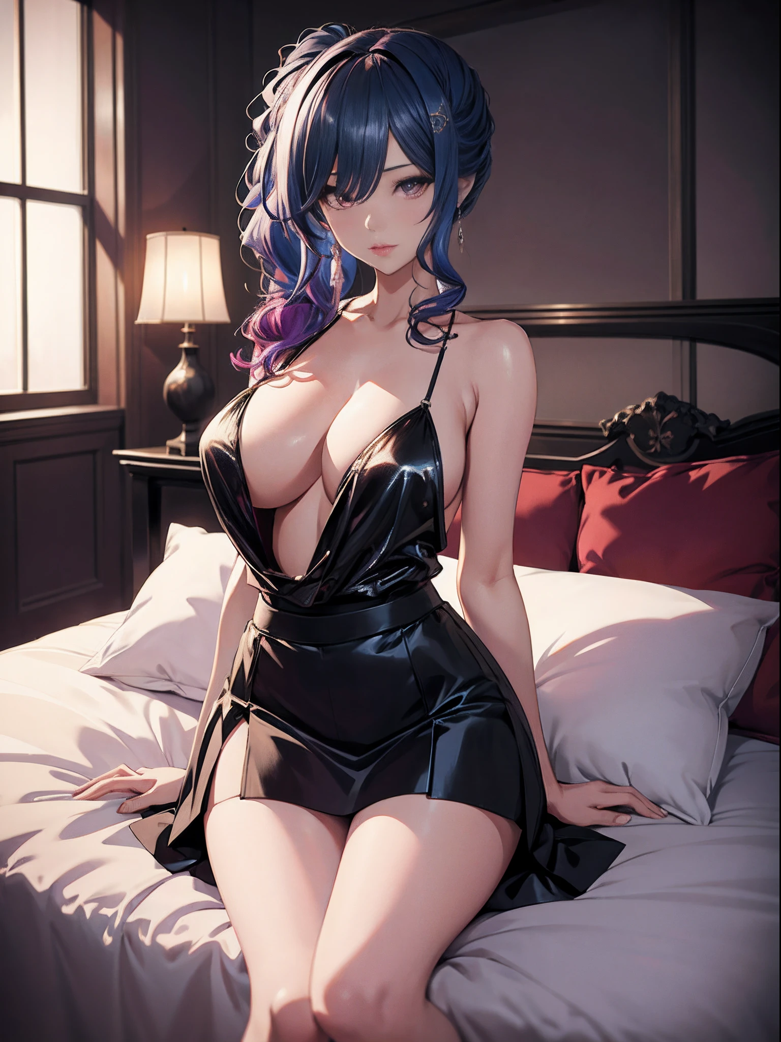 Anime - Stylish woman sitting on a rose bed in lingerie, seductive anime girls, Guweiz in Pixiv ArtStation, Guweiz on ArtStation Pixiv, Extremely detailed Artgerm, Guviz, beautiful and seductive anime woman, 8K high quality detailed art, trending on artstation pixiv, Guviz-style artwork,huge tit，Blush，Wearing a short black silk skirt，