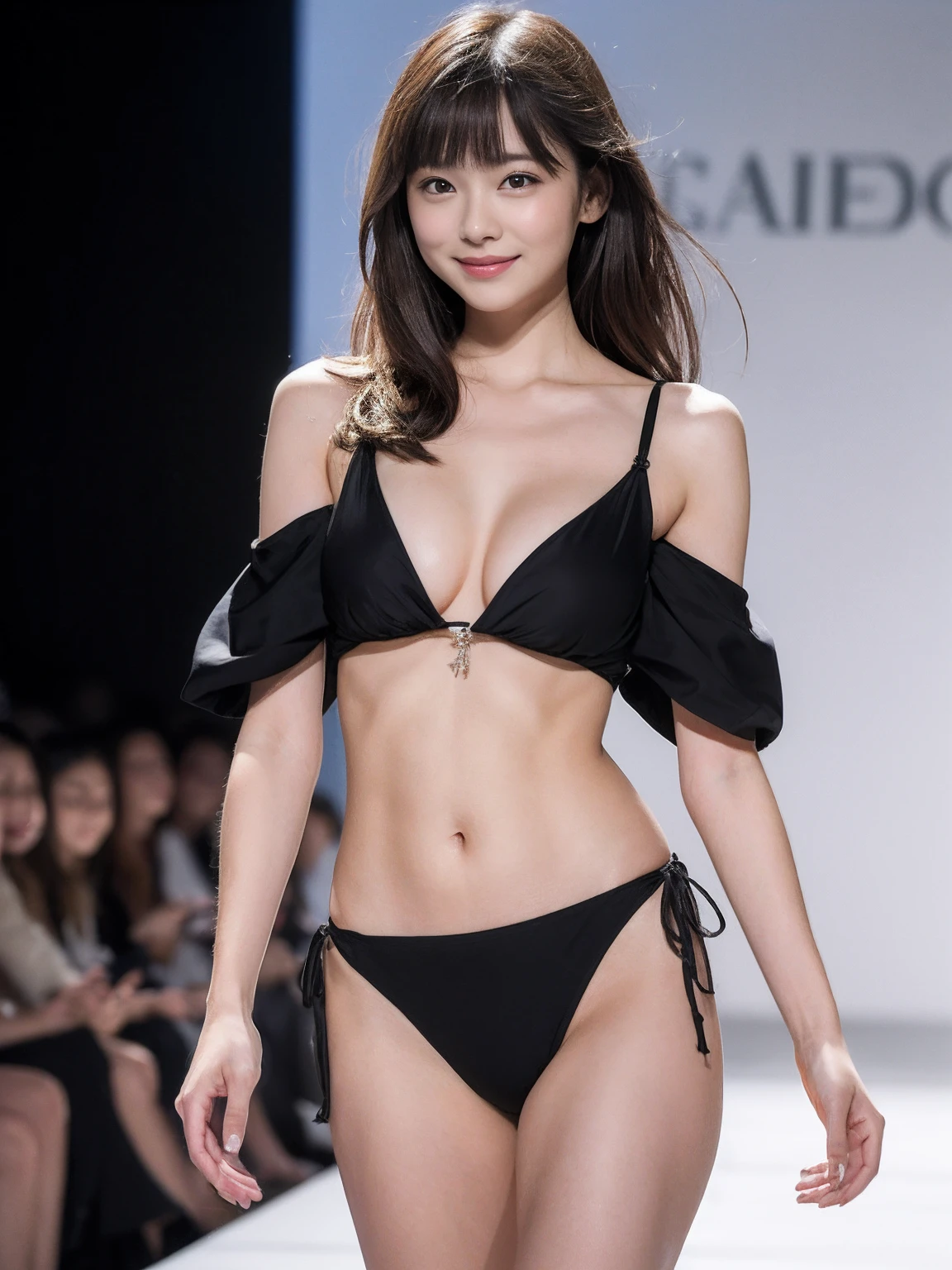 (Masterpiece:1.3), (8k, Photorealistic, RAW Photography, Best Quality: 1.4), (((1girl:1.3))), A pretty woman with perfect figure :1.4, Cute face, Beautiful Face, (Realistic Face), Beautiful Hairstyle, Realistic Eyes, Beautiful Details, (Realistic Skin), Beautiful Skin, Attractive, Ultra High Definition, Ultra Realistic, Very Detailed, (small breasts:1.3), (cleavage:0.8), Japanese walking the runway at a fashion show, semi-long curly hair, bangs, (Brown hair, small breasts:1.3), ((slim figure:1.2)), Small buttocks, ((off shoulder micro bikini)), (narrow areola, small areola), (perfectly shaped ), (Small and beautiful ), poses of fashion models, gentle smile