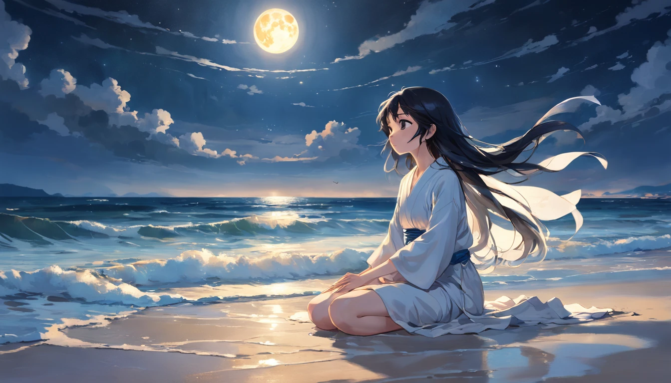shining brightly above her, her eyes closed in deep concentration. The gentle sound of waves crashing against the shore creates a soothing rhythm that matches the tranquility of the scene. The girl sits cross-legged, her petite figure illuminated by the soft glow of the moon. Her long, flowing black hair dances in the salty breeze, intertwining with golden specks of stardust that seem to float around her. She wears a flowing white robe that billows around her like a cloud, accentuating the ethereal aura that surrounds her. In the distance, a lone palm tree stands tall, its slender silhouette painted against the canvas of the night sky. The sand beneath her seems to glow with a mesmerizing blue hue, as if it were kissed by moonlight. The stillness of the moment is palpable, as if time itself has paused to admire the beauty of this solitary meditation. This image, captured in exquisite detail, could be rendered in the style of a serene watercolor painting or a captivating long-exposure photograph, allowing the viewer to be transported to a world of peace and serenity