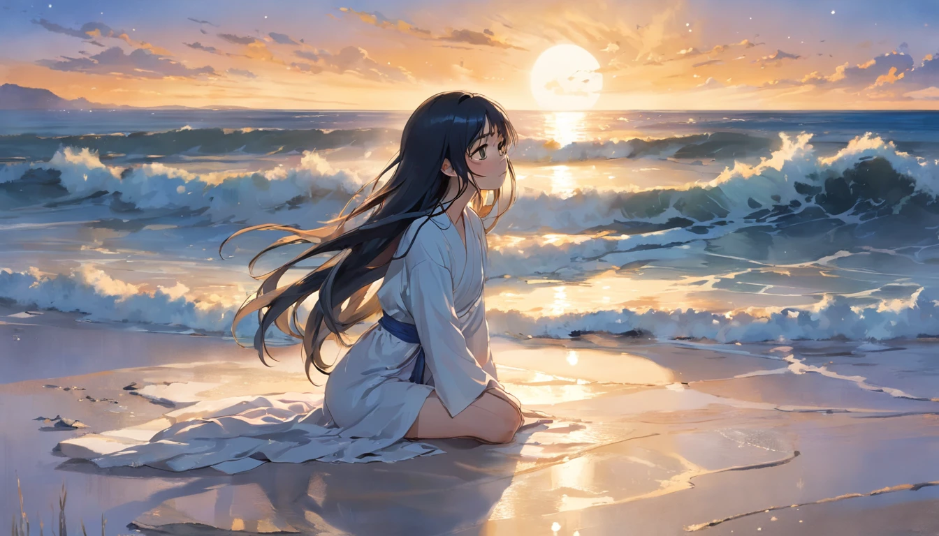 shining brightly above her, her eyes closed in deep concentration. The gentle sound of waves crashing against the shore creates a soothing rhythm that matches the tranquility of the scene. The girl sits cross-legged, her petite figure illuminated by the soft glow of the moon. Her long, flowing black hair dances in the salty breeze, intertwining with golden specks of stardust that seem to float around her. She wears a flowing white robe that billows around her like a cloud, accentuating the ethereal aura that surrounds her. In the distance, a lone palm tree stands tall, its slender silhouette painted against the canvas of the night sky. The sand beneath her seems to glow with a mesmerizing blue hue, as if it were kissed by moonlight. The stillness of the moment is palpable, as if time itself has paused to admire the beauty of this solitary meditation. This image, captured in exquisite detail, could be rendered in the style of a serene watercolor painting or a captivating long-exposure photograph, allowing the viewer to be transported to a world of peace and serenity