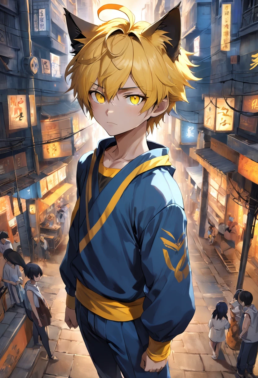 Ultra photo realsisim, boy,blue hairs,cat ear,The left eye is golden,yellow right eye,Whitish yellow skin, Athletic body fitness,mistic, Tienvite black fits snugly on the body, The background is an ancient city in Egypt