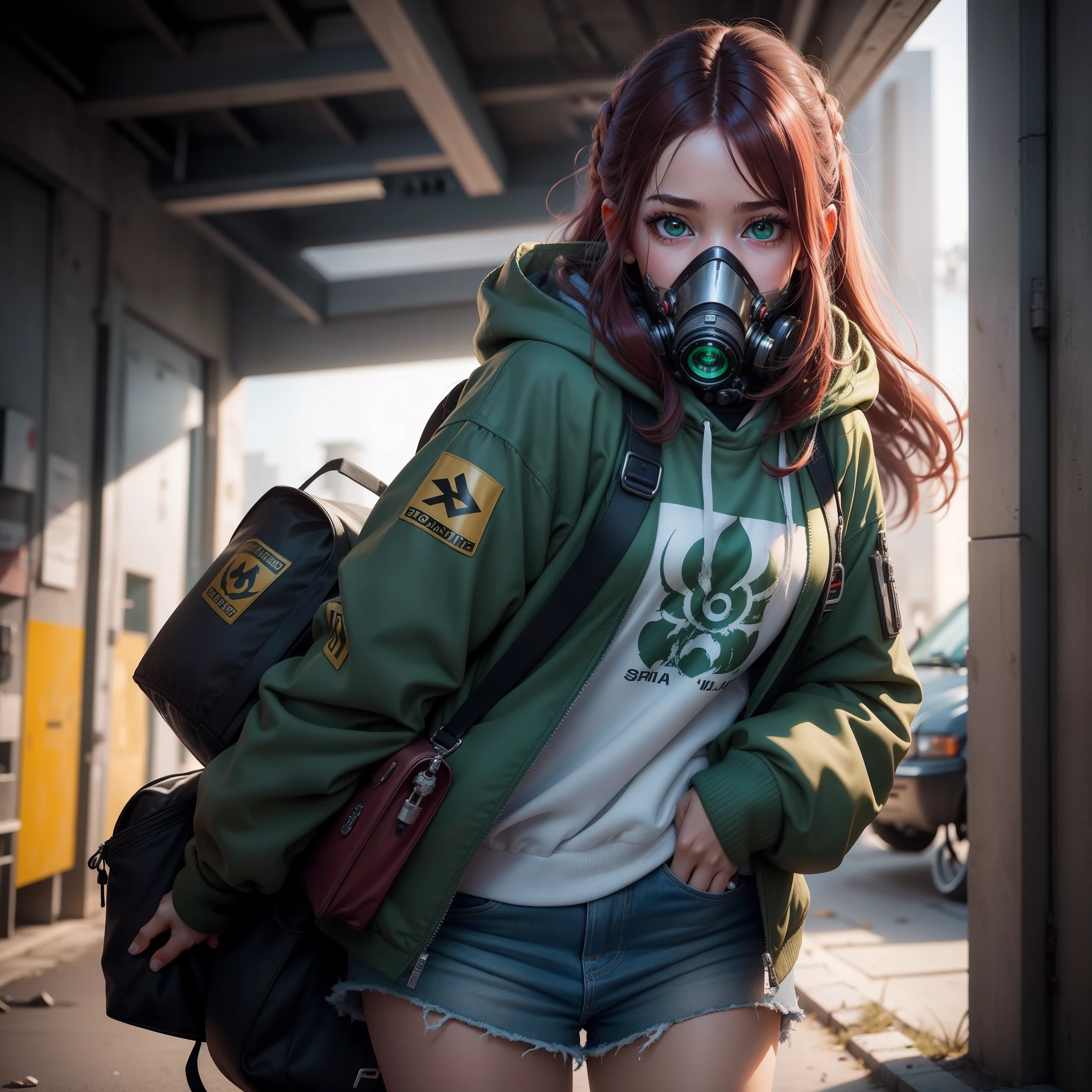 Young girl of 20 years of age, gran trasero y grandes senos, cabello color rojo, usando una sudadera blanca, con capucha, with a Cyberpunk-style gas mask, muy detallado cg, textura detallada, hiperrealista, 8 k resolution, 32k resolution, cinematic lighting, high resolution, ojos color verde intenso