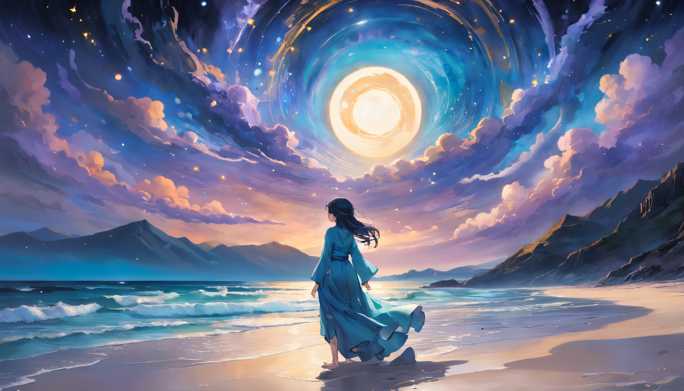 A mesmerizing scene unfolds as the night sky blankets the sandy shores, casting its ethereal glow upon the tranquil beach. In the midst of this enchanting landscape, a woman sits in deep contemplation, her body delicately poised in a serene meditative pose. The twinkling array of stars above paints a mesmerizing tapestry of colors, blending hues of midnight blue, celestial purple, and vibrant teal. The interplay of these celestial shades creates an otherworldly atmosphere, lending an air of fantasy to the scene.

The woman's silhouette is outlined against the celestial backdrop, her form emanating a sense of serenity and inner peace. She wears flowing garments, their vivid shades mirroring the hues of the night sky. Swirls of ethereal fabrics flutter gently in the seaside breeze, adding a touch of movement and delicacy to the composition.

Her eyes closed, the woman's expression carries a sense of bliss, as if she has transcended the earthly realm and tapped into a deeper realm of consciousness. The soft light of a crescent moon illuminates her face, highlighting the contours of her features. Specks of stardust seem to dance around her, lending a magical aura to the scene.

The beach itself is a mystical fusion of reality and dreams. The sand glows with an otherworldly luminescence, its shades shifting between silver and gold. Gentle waves caress the shoreline, their frothy crests resembling brushstrokes on a mesmerizing canvas.

This captivating tableau is like a marriage of a romantic painting and a surreal photograph, seamlessly blending elements of classic art styles with the vivid clarity of a realistic image. The ethereal quality of the stars and the woman's presence transports the viewer to a realm where dreams and reality merge, where the mystical and the mundane intertwine in a harmonious symphony of color and form.