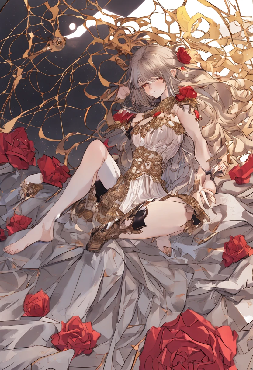 masterpiece, best quality, ultra-detailed, 1girl, solo, looking at viewer, (curvy:1.1), large breasts, black hair, long hair, hair over one eye, (wavy hair:1.1), red eyes, nude, (breasts apart:1.3), groin, (pasties:1.3), neck ring, armlet, bracelet, (thighlet:1.2), (white veil:1.2), (hair ornament:1.1), navel piercing, (chain:1.1), (gold:1.3), (gold trim:1.2), rose, sweat, spread legs, sitting, arm up, full body, anklet, barefoot, on bed