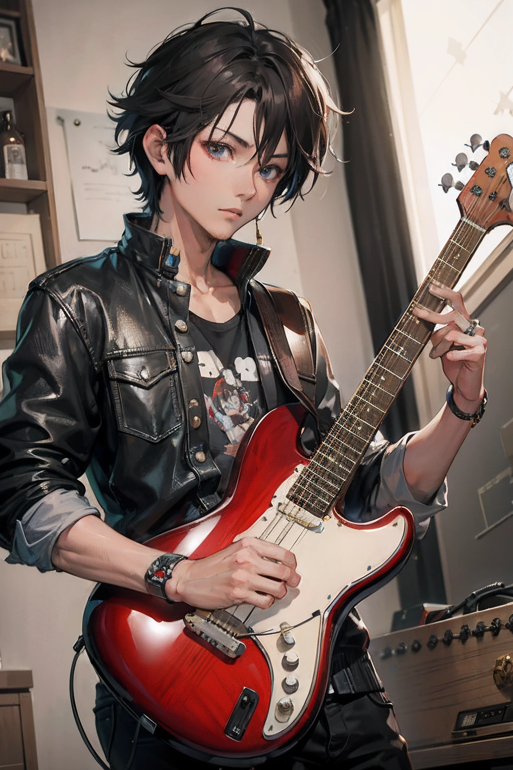 Alafed image of a man with a guitar in a room, guitarrist, Anime Realism Style, artwork in the style of guweiz, inspired by Yamagata Hiro, realistic anime art style, Handsome Anime Pose, realistic anime 3 d style, by Yang J, guitar solo, realistic art style, Makoto Shinkai and ArtGerm, hiro