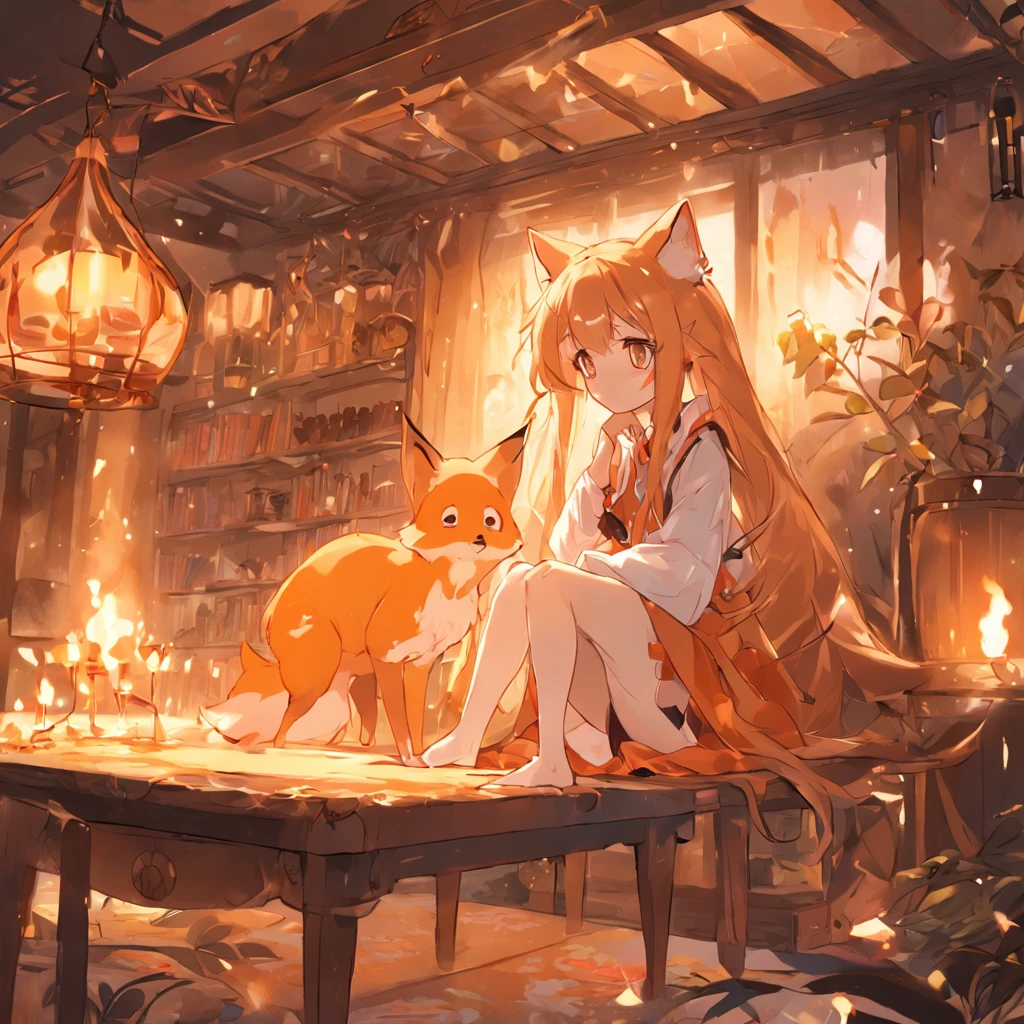 Anime character Little cute fox girl , Big room, A lonely day, Fantasy Treehouse, The room was full of properties, Gibly studio style, Intricate golden fur, Beautiful and big eyes, Warm room with back view of anime characters, Sit in front of a warm brazier, Comfortable room with fur carpet, high tea, Plants on the dining table, Soft light through the windows