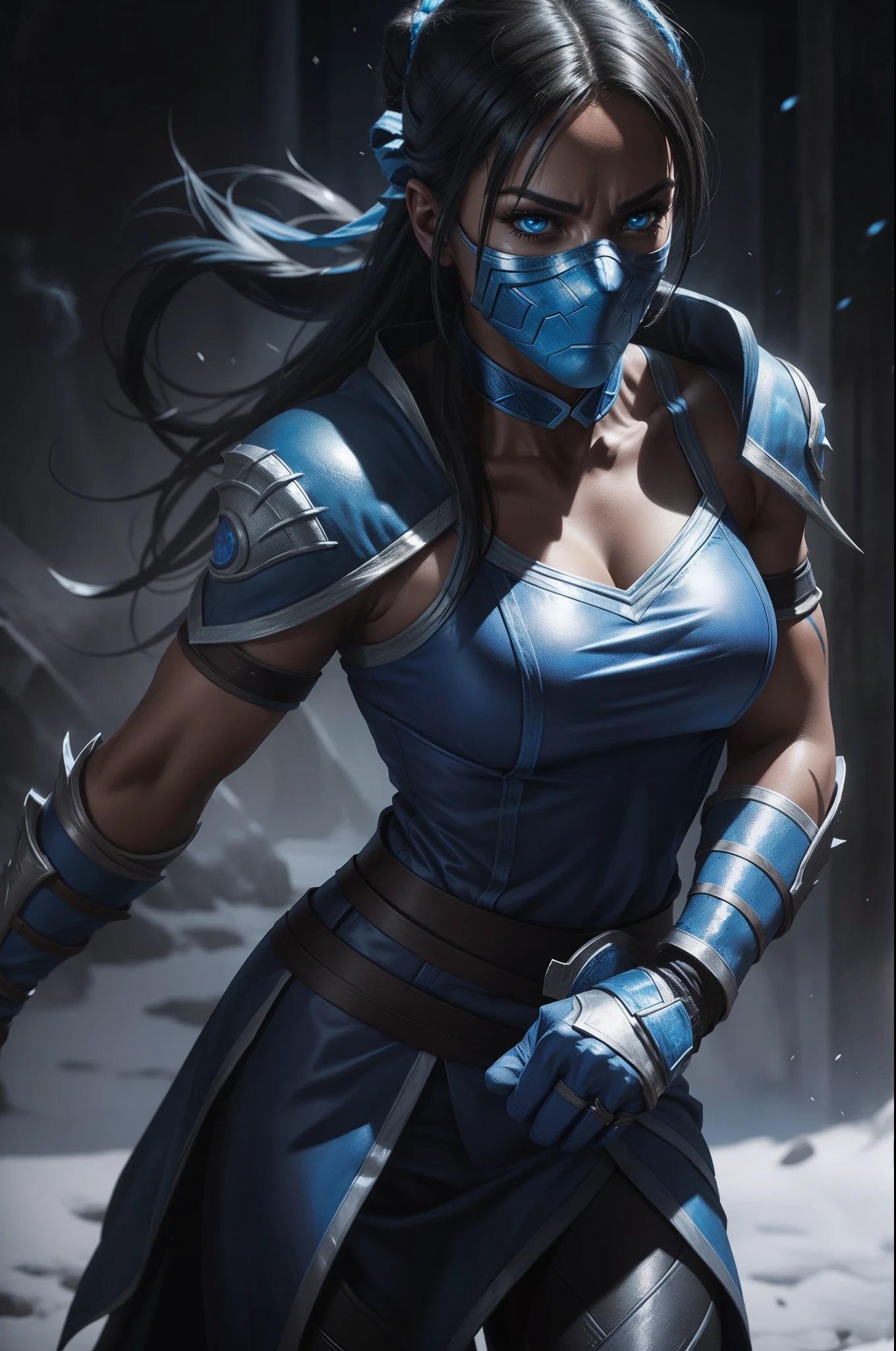 Kitana from Mortal Kombat, in blue and black high cut leotard, blue and black leggings, anime art style, intricate details