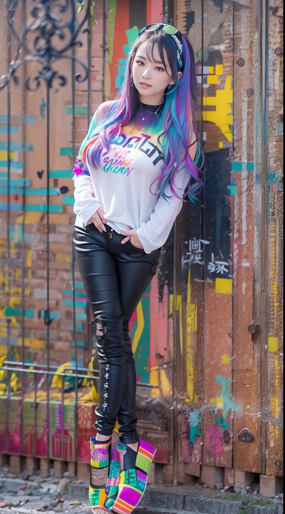Aalfid woman,Colorful hair leaning against the wall, vivid vivid colors, multicolored clothing, Cut a tattered T-shirt, vibrant color details, Vibrant and dynamic, bright vibrant colors, multicolored clothing, Rich and vibrant colors, vivid vivid colors, Vivid and vibrant colors, vibrant tones, colorful outfit, colorful fashion, vivd colour, Lively 1 girl, Overflow of, (huge tit), (Curvy body:0.8), No censorship, Angel face, Delicate face, Contre-Jour, lighting, (A smile on his face:1.2), (Heavy makeup:1.3), (perfect female shape),(tack sharp focus:1.4),(Realistic damp skin:1.6),(Drenched Body:1.3),A detailed eye,(Curved body:0.8),(Long black ponytail:1.2),(Microbikini), 黑The eye, Best quality at best, 超高分辨率, (Fidelity:1.4), (wetted skin)