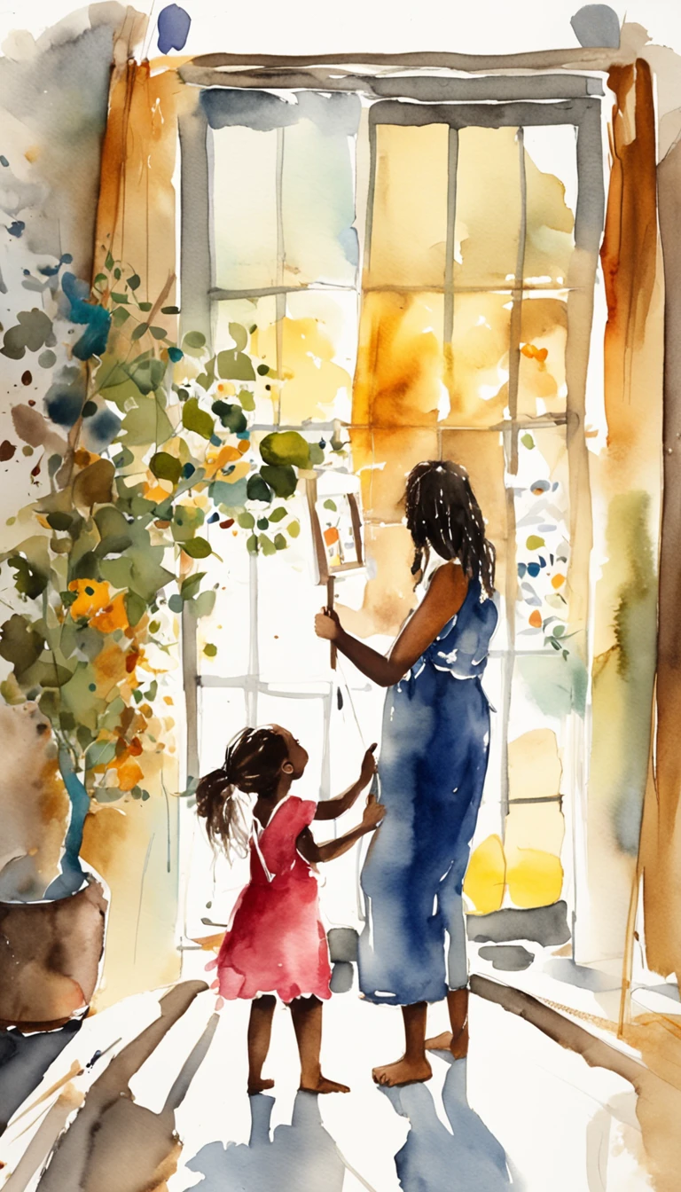 Create an artistic room with beautiful light coming in through the window, mesa com tintas, Brushes, Black mother and daughter painting, sorrindo e se divertindo