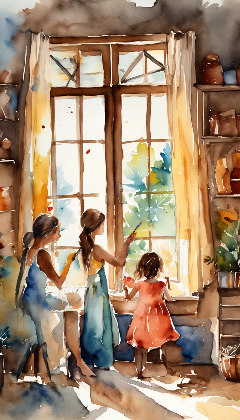 Create an artistic room with beautiful light coming in through the window, mesa com tintas, Brushes, Black mother and daughter painting, sorrindo e se divertindo