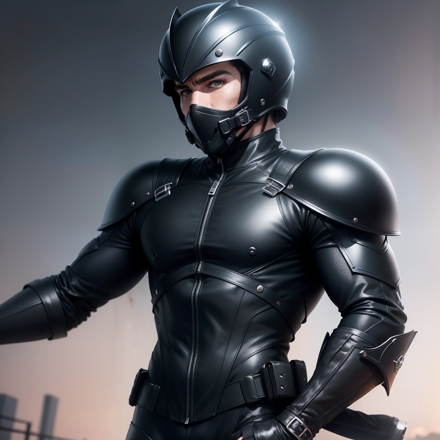 Cool male rider full body with black riding suit and helmet