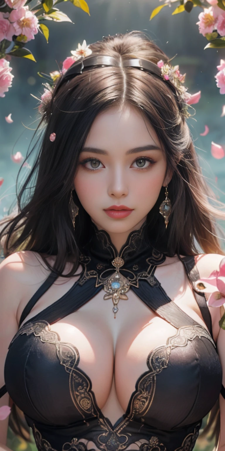 stunning beauty, Aesthetic, Oil painting style, thick coating, Women with incomparable style, Exquisite facial makeup, Black hair, long hair and waist, long eyelashes, Dark brown pupil eyes, exquisite nose, Lip balm, Inseparable strands, Beautiful posture, Graceful curves, Plump ideal type, Super special exaggerated huge breast weight, Bold, Elegant, Extravagant artistic acts, romanticism, (Fractal Art), Vibrant colors, Sunny glare smooth skin, Professional photo close-ups, Brutalist design, Explore Victoria's Secret, blush, flower petals, Vivid colors, The most beautiful chaotic shapes, Colorful, Colorful and magnificent, From  above, from the front side