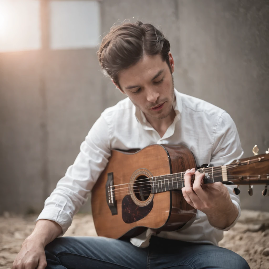 A man in a white shirt is sitting on the floor with his back against a wall. He is playing an acoustic guitar, holding it up close to his body and strumming the strings with one hand while pressing down on them with the other. His eyes are closed as he concentrates on creating music, and his facial expression shows that he is deeply immersed in what he's doing. The black and white image highlights the contrast between him and his surroundings, emphasizing how focused he is on making music. He has short dark hair which frames his face nicely, adding to the overall aesthetic of this picture.