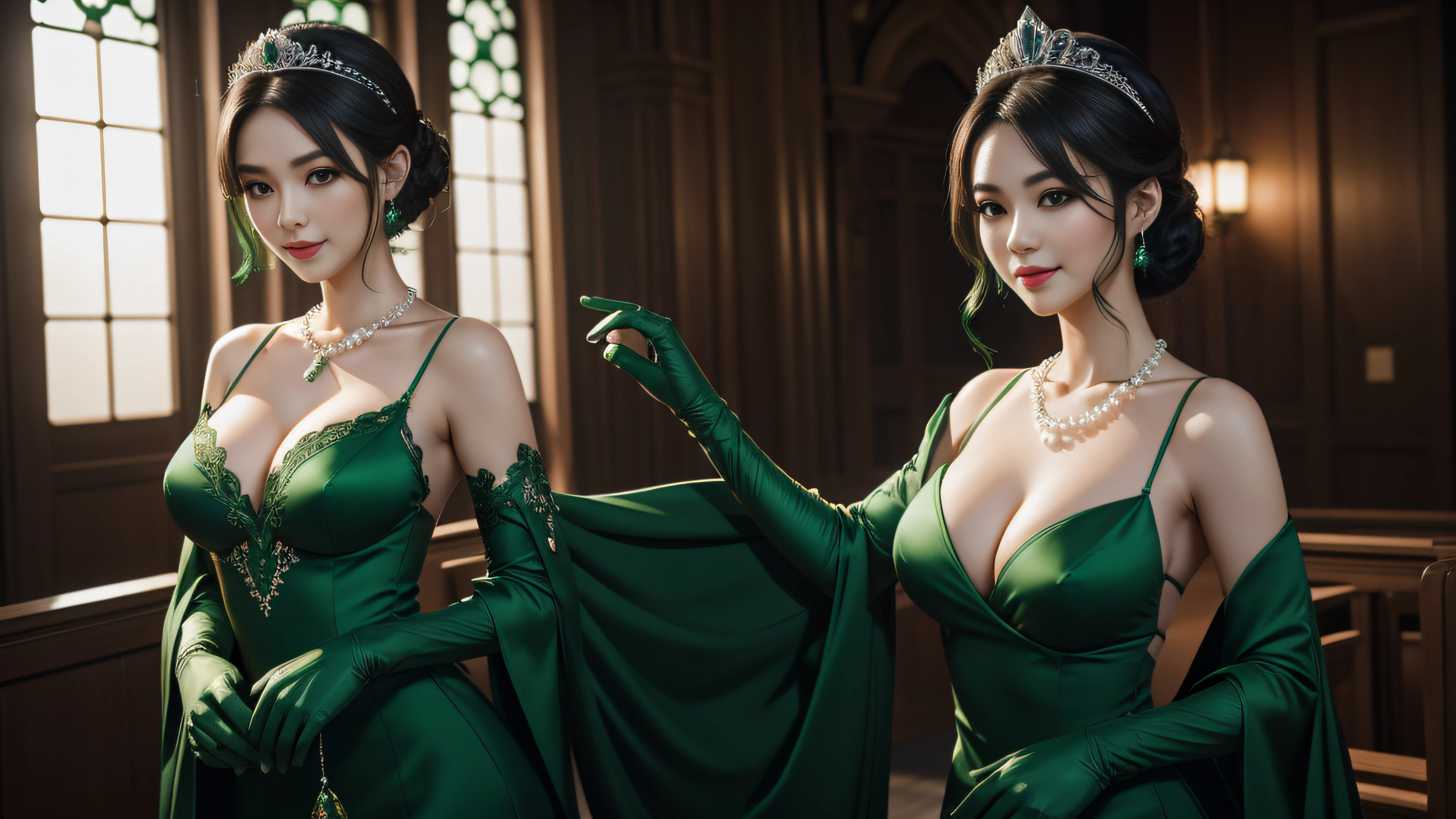 studio lights、depth of fields、The upper part of the body、A slender、cute face、A smile、Beautiful detail eyes、Green Dress Flower Cleanser,Sense of atmosphere, best qualtiy,tmasterpiece,1girll,30-years old,Green dress,Daytime Church,full body Esbian, Green gloves,With short black hair,,big breasts beautiful,looking at viewert,ssmile,Green Bridal Veil,Green Long Grove,Satin green long gloves, lipsticks, Pearl Necklace、Green gloves, emerald tiara, A Japanese Lady