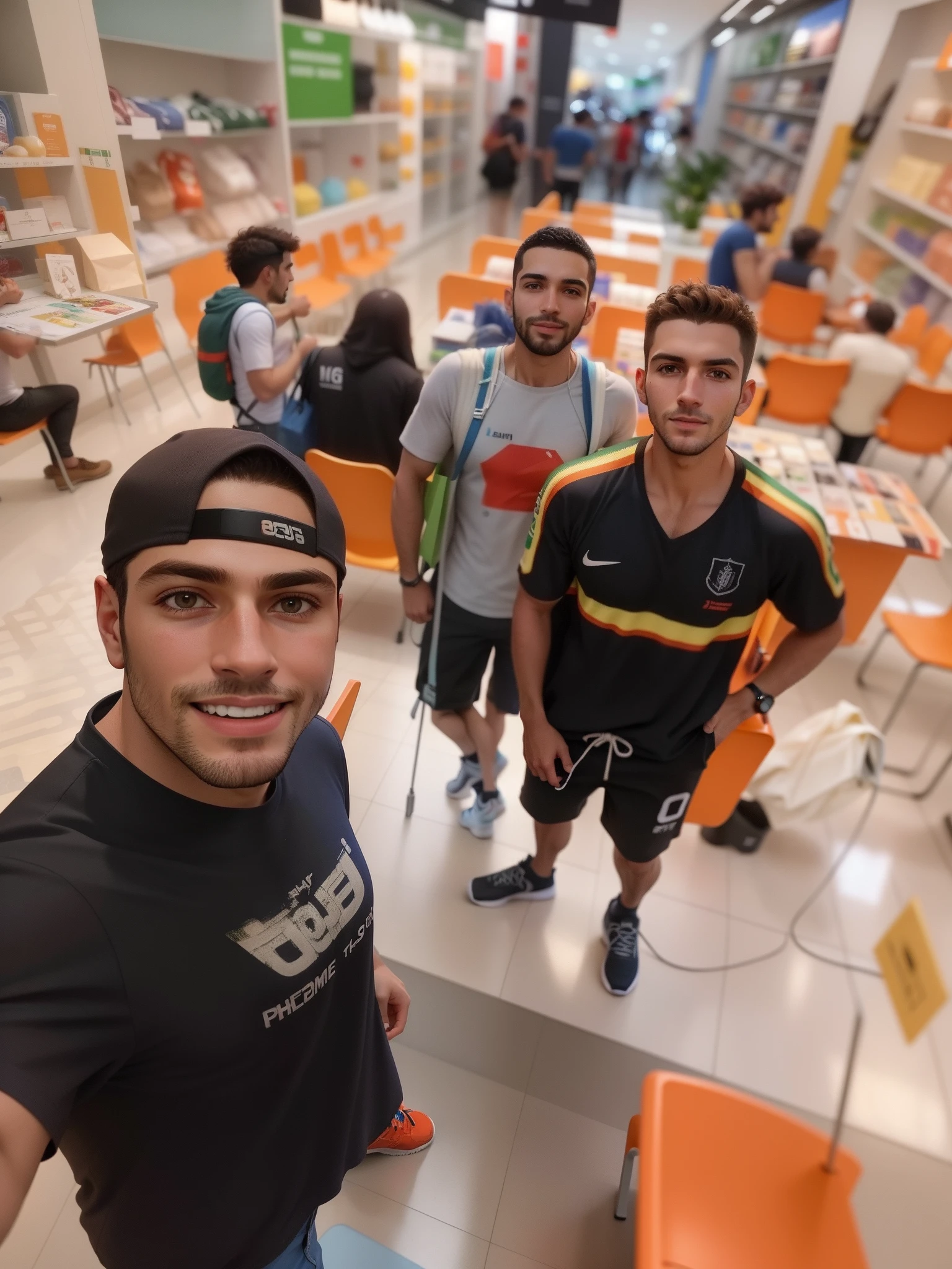 There are three men standing in a shop with orange chairs, em um shopping, non blurry, Assumido em Go Pro Hero8, non blurry, foto de baixa qualidade, em um shopping, Tiro em GoPro9, Directed by: Nandor Soldier, Torne-se profissional, Postagem no Reddit, taken with the best dlsr camera, imagem de qualidade muito baixa, facebook post, instagram story