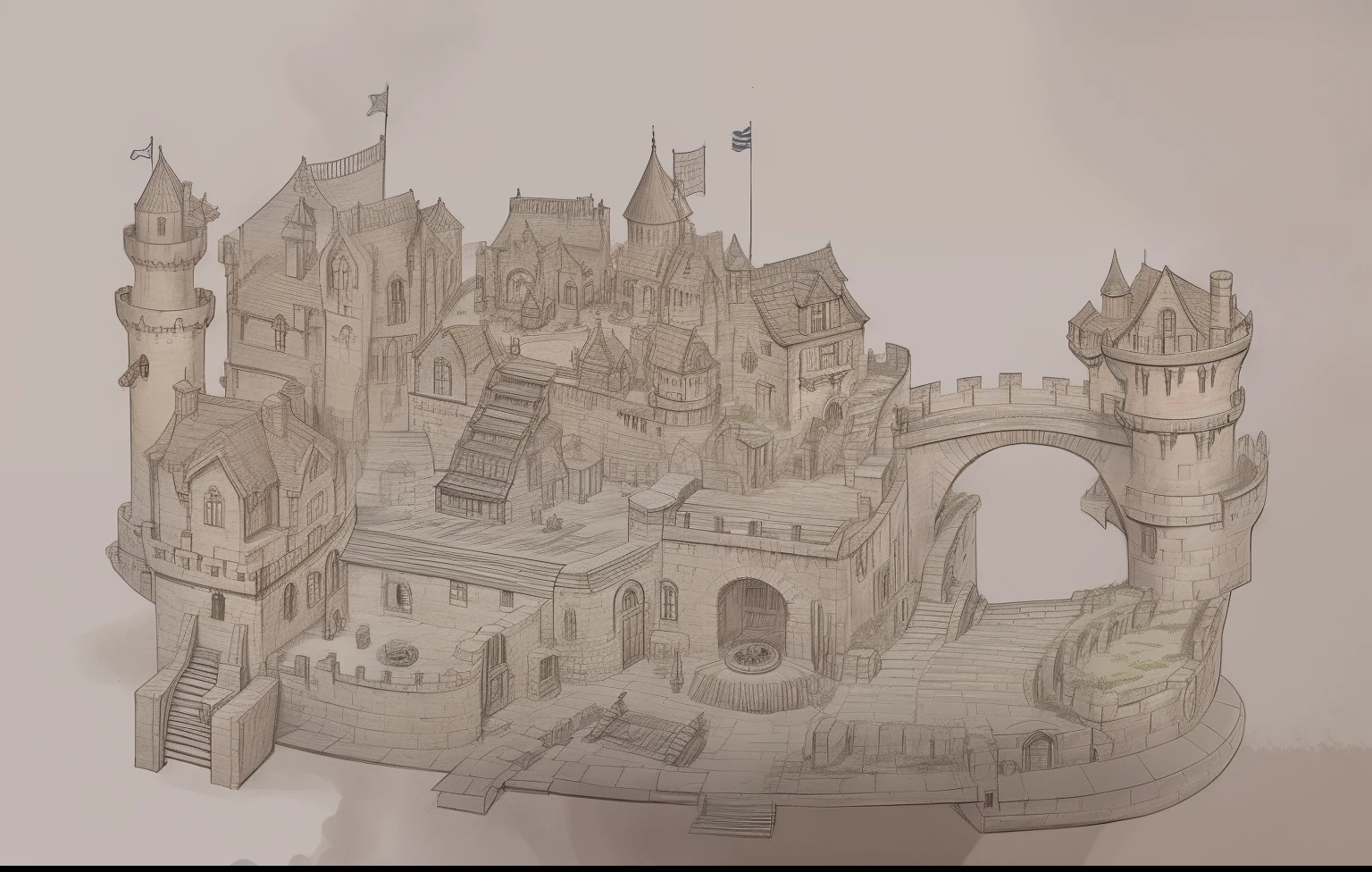 Draw a castle,A flag fluttered above, detailed but rough, Inspired by Piranesi, inspired by Charles Cundall, view over city, stylized linework, spontaneous linework, anime city lineart, Ruined cityscape, concept-art!, Inspired by Ian Mack, concept-art!!, in steampunk cityscape, shanty townships, Small city, loose linework