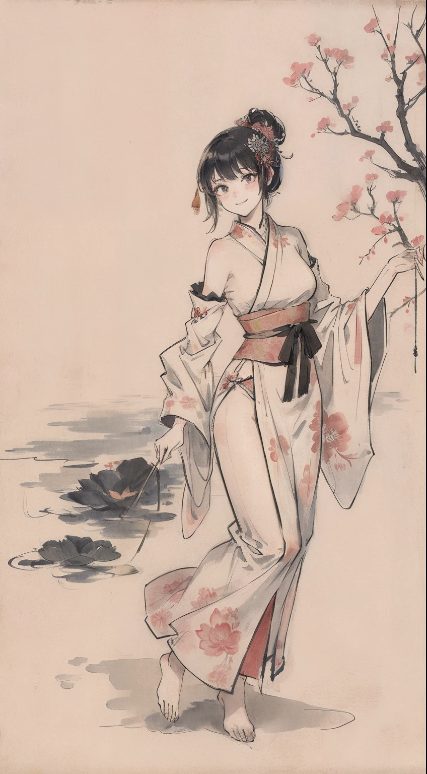 ((4k,masterpiece,best quality)), shuimobysim, traditional chinese ink painting, lotus, hanfu, maxiskit, dress conservatively in a short Japanese style robe, 1girl, solo, short tied up black hair, smile, standing, barefoot