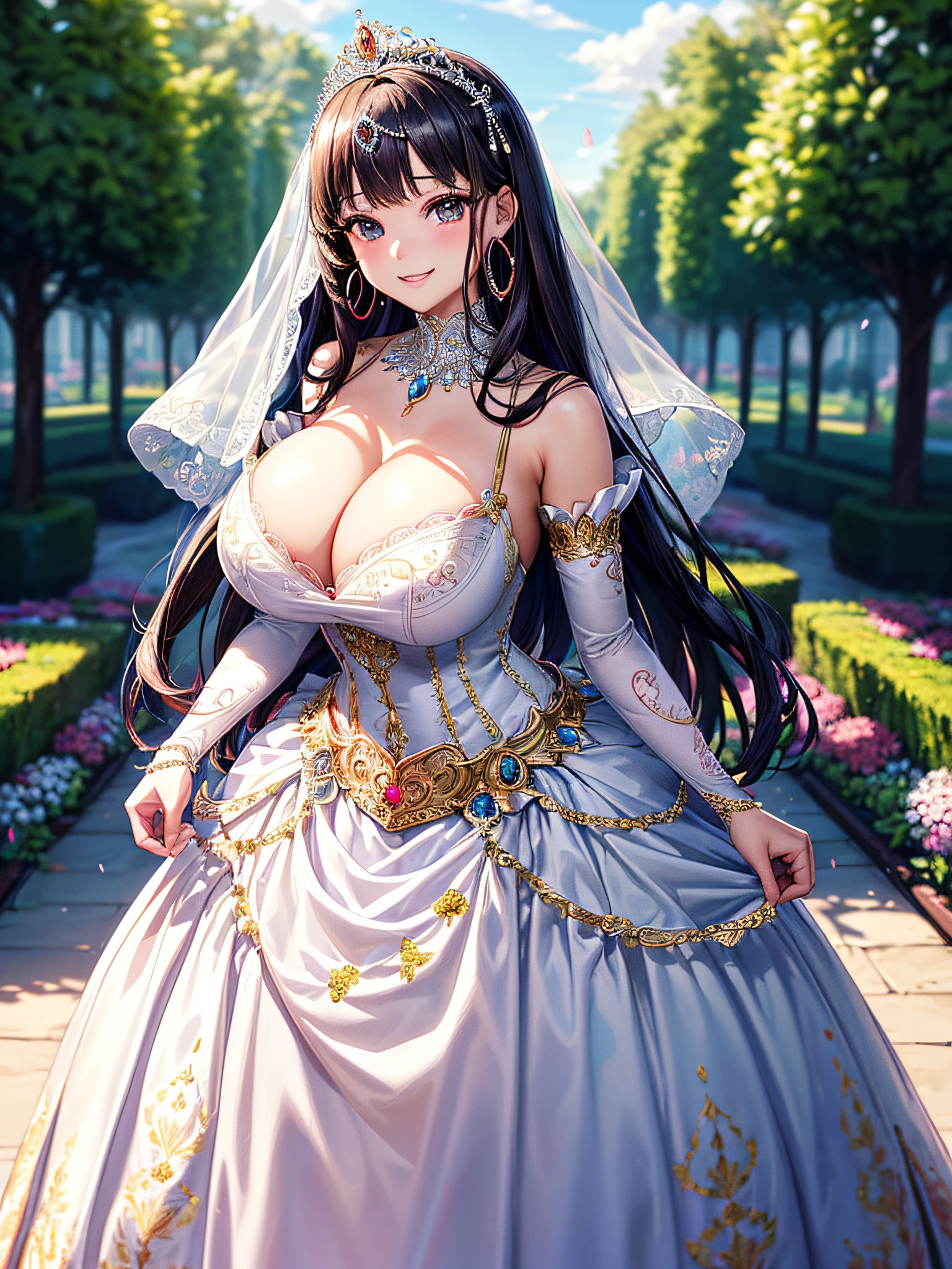 (masterpiece, best quality,extremely detailed,moe anime art style:1.2),1girl, (solo), cute, kawaii,digital art,((1 bling-bling anime princess wearing beautiful embroidery and jeweled gorgeous princess ballgown with voluminous full length hoop skirt)),((crinoline)),long train,voluminous frills,(gorgeous embroidery and beautiful lace),(very gigantic boobs,cleavage,skindentation),((shiny hair,absurdly voluminous straight hair,absurdly Long Hair)),(finely detailed face and eye),clear pupil,smile,extremely gorgeousfull jeweled tiara,(bling-bling extremely gorgeousfull jeweled tiara),((bling-bling gorgeous gemstone jewelry)),long veil,((standing in beautiful garden)),flowers,flower petals flowing,(dynamic angle),((beautiful embroidery and jeweled gorgeous princess ballgown with voluminous full length hoop skirt))