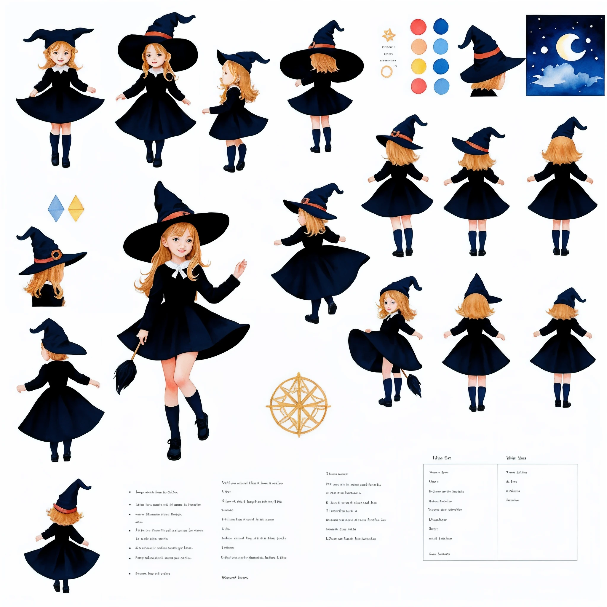children book illustration, symbol sheet On the right, Left, front, backboob, sitting, Standing, running, Walking, Character Sheet, Cute little witch, Multiple Poses, watercolour,