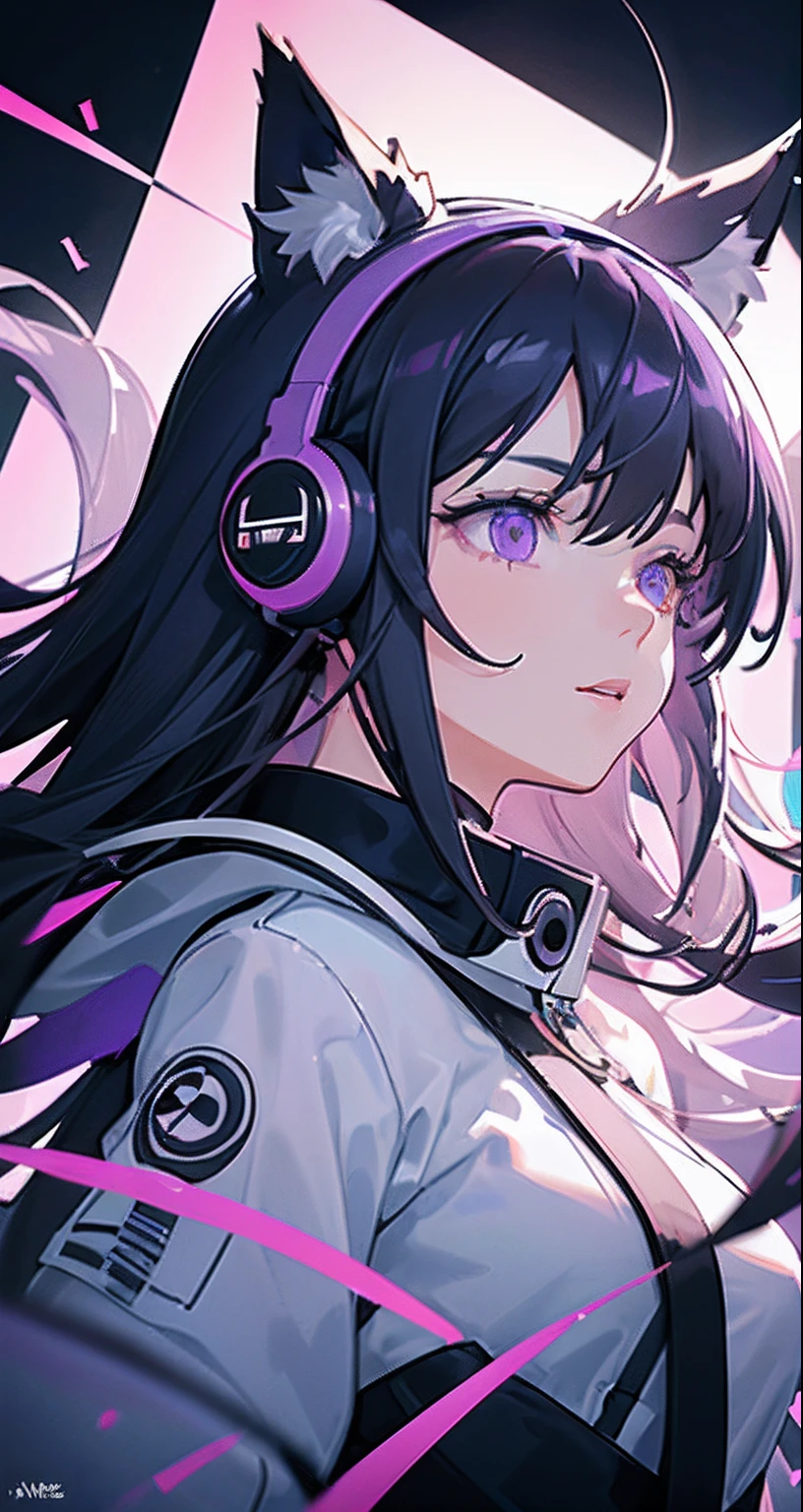 masterpiece, best quality, movie still, girl with animal ear headphone on, purple eye, black long hair, floating in the sky, gaming girl, cloud, (close-up:1.1), bright, happy, fun, soft lighting, (Bauhaus, shapes, lines, abstract:1.1)