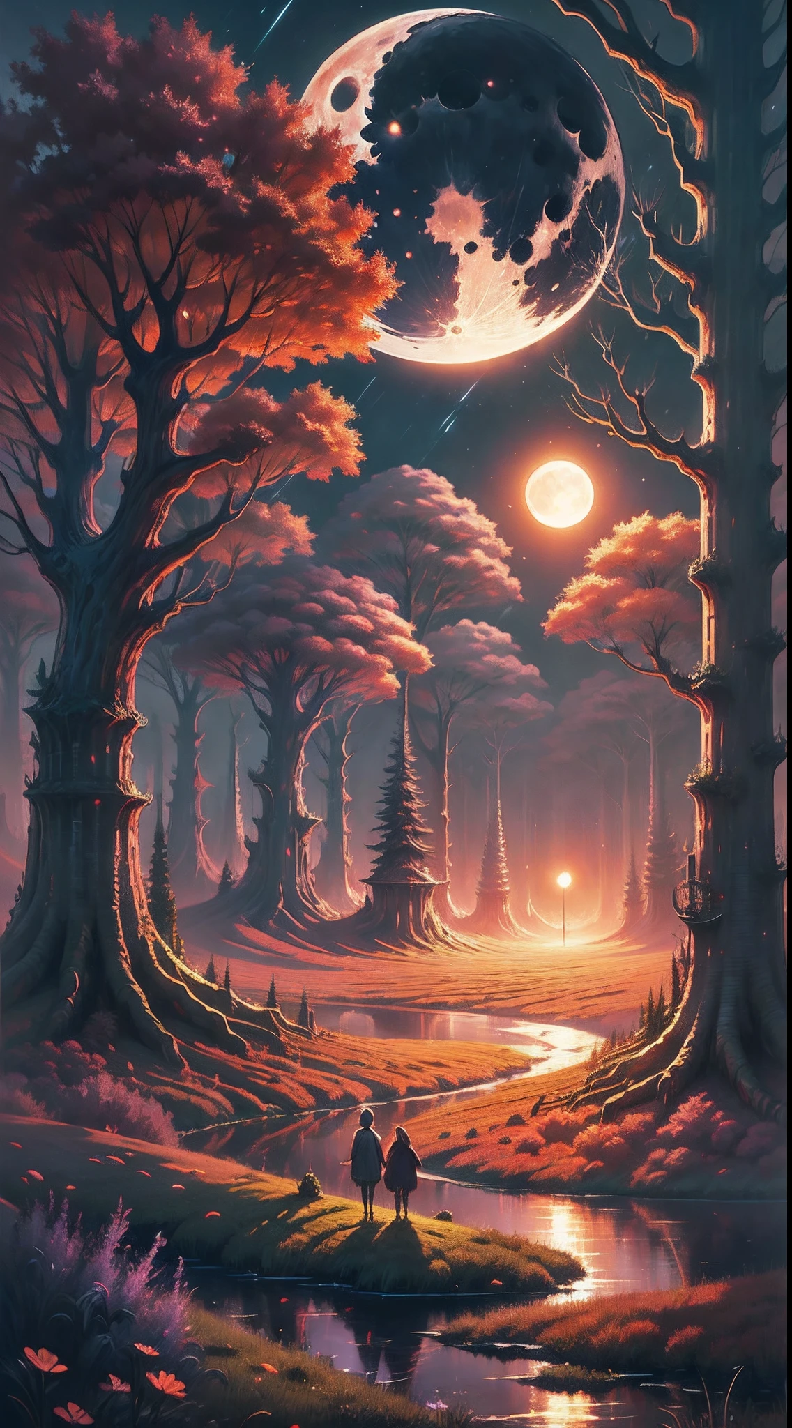 there is a painting of a field with trees and a full moon, digital art by Vladimir Kush, tumblr, digital art, autumn night, calm night. digital illustration, moonlit night dreamy atmosphere, whimsical fantasy landscape art, moon landscape, surreal gediminas pranckevicius, dan mcpharlin, beautiful moonlight night, surreal scene, surreal art